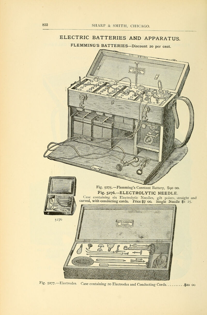 833 ELECTRIC BATTERIES AND APPARATUS. FLEMMING'S BATTERIES—Discount 20 per cent. Fig. 5275-—Flemming's Constant Battery, $90 00. Fig. 5276.—ELECTROLYTIC NEEDLE. Case containing six Electrolytic Needles, gilt points, straight and curved, with conducting cords. Price $7 00, Single Needle $1 25. 5276 Fig. 5277.—Electrodes. Case containing 20 Electrodes and Conducting Cords.