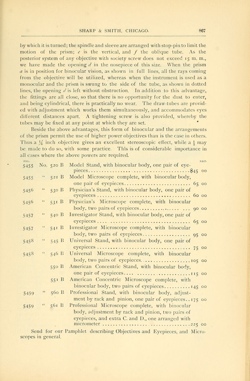 by which it is turned; the spindle and sleeve are arranged with stop-pin to limit the motion of the prism; e is the vertical, and / the oblique tube. As the posterior system of any objective with society screw does not exceed 15 m. m., we have made the opening d in the nosepiece of this size. When the prism a is in position for binocular vision, as shown in full lines, all the rays coming from the objective will be utilized, whereas when the instrument is used as a monocular and the prism is swung to the side of the tube, as shown in dotted lines, the opening d is left without obstruction. In addition to this advantage, the fittings are all close, so that there is no opportunity for the dust to enter, and being cylindrical, there is practically no wear. The draw-tubes are provid- ed with adjustment which works them simultaneously, and accommodates eyes different distances apart. A tightening screw is also provided, whereby the tubes may be fixed at any point at which they are set. * Beside the above advantages, this form of binocular and the arrangements of the prism permit the use of higher power objectives than is the case in others. Thus a yl inch objective gives an excellent stereoscopic effect, while a \ may be made to do so, with some practice. This is of considerable importance in all cases where the above powers are required. FIG. NET. 5455 No. 520 B Model Stand, with binocular body, one pair of eye- pieces $45 00 5455  521 B Model Microscope complete, with binocular body, one pair of eyepieces 65 00 5456  530 B Physician's Stand, with binocular body, one pair of eyepieces 60 00 5456  531 B Physician's Microscope complete, with binocular body, two pairs of eyepieces 90 00 5457  540 B Investigator Stand, with binocular body, one pair of eyepieces 65 00 5457  541 B Investigator Microscope complete, with binocular body, two pairs of eyepieces 95 00 545S  545 B Universal Stand, with binocular body, one pair of eyepieces 75 00 5458  546 B Universal Microscope complete, with binocular body, two pairs of eyepieces. 105 00 550 B American Concentric Stand, with binocular body, one pair of eyepieces 115 00 551 B American Concentric Microscope complete, with binocular body, two pairs of eyepieces 145 00 5459  560 B Professional Stand, with binocular body, adjust- ment by rack and pinion, one pair of eyepieces. .175 00 5459  561 B Professional Microscope complete, with binocular body, adjustment by rack and pinion, two pairs of eyepieces, and extra C. and D., one arranged with micrometer 225 00 Send for our Pamphlet describing Objectives and Eyepieces, and Micro- scopes in general.