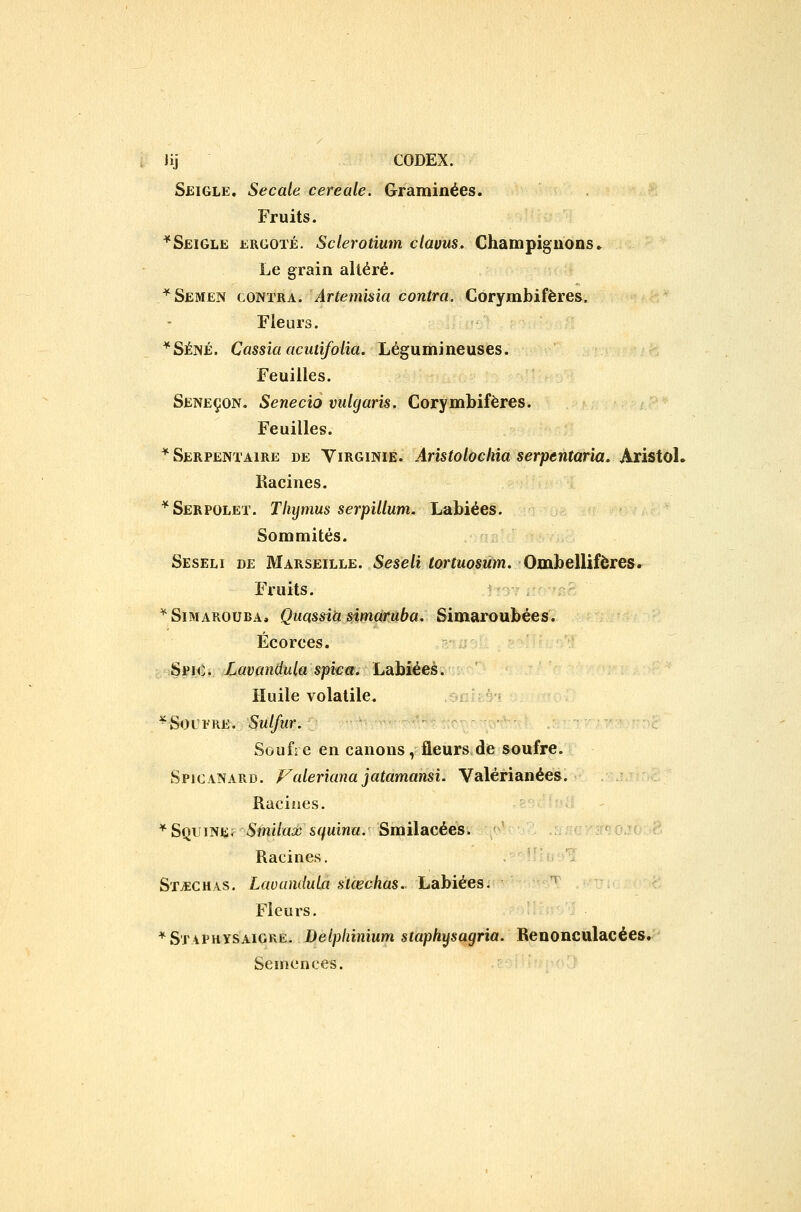 Seigle. Secale céréale. Graminées. Fruits. ^Seigle ergoté. Sclerotium clavus. Champignons» Le grain altéré. /^Semen contra. Artetnisia contra. Corymbifères. Fleurs. *SÉ]NÉ. Cassia acutîfolia. Légumineuses. Feuilles. Séneçon. Senecio vulgaris. Corymbifères. Feuilles. * Serpentaire de Virginie. Aristolochia serpentaria, Ansioh Racines, * Serpolet. Thymus serpiUum. Labiées. Sommités. Seseli de Marseille. Seseli tortuosum. Ombellifères. Fruits. ^Simarouba. Quassitt simaruba, Simaroubées. Écorces. Spkj; ., Lavandula spka. Labiées. Huile volatile. ^SoL'iRE. Sulfur. Soufre en canons, fleurs de soufre. Spicanard. Faler'ianajatamansi. Valérianées. Racines. '^^^vm^fSinïlaùù s^uina. Smilacées. .^cv:2^0J0L;cr. Racines.  Stockas. Lcwundula siœchas. Labiées. Fleurs. *Staphysaigre. Delpliinium staphysagria. Renonculacées. Semences.