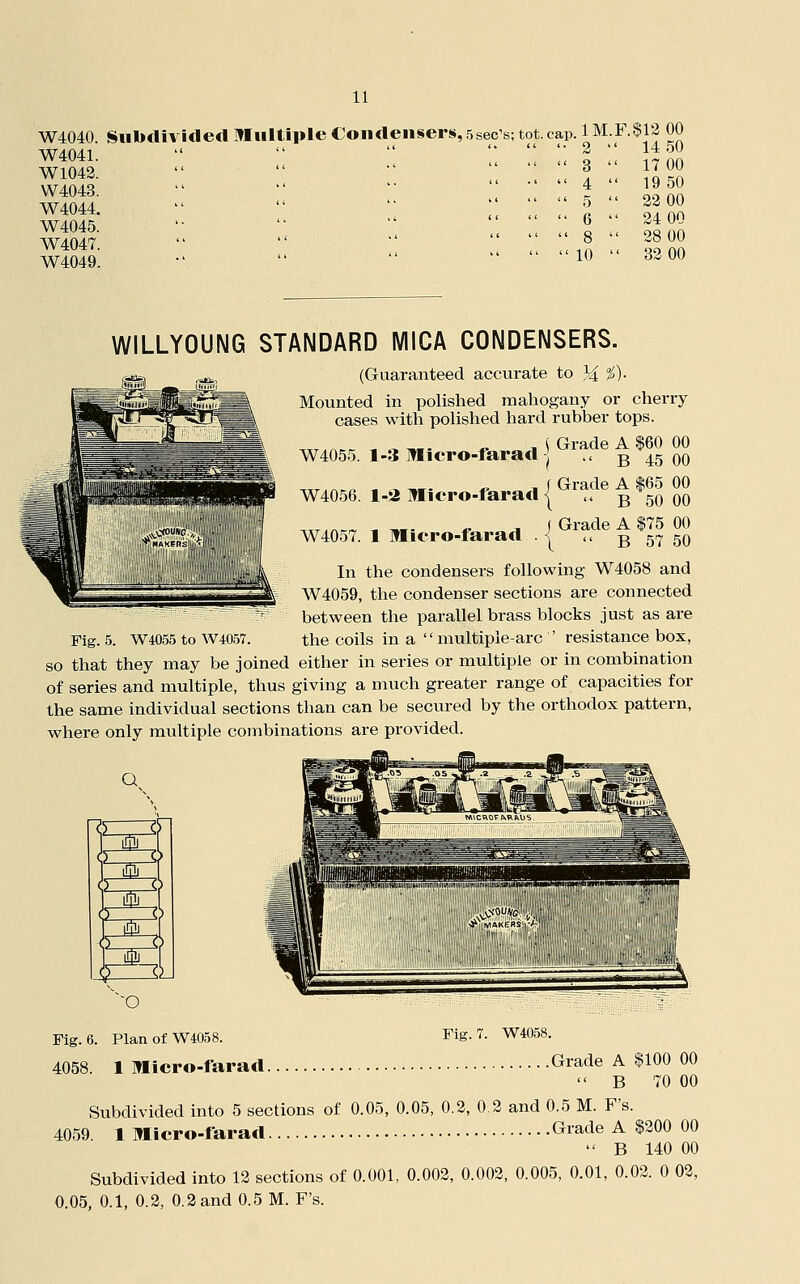 W4040. Subdivided Hiiltiple Condensers,5see's; tot.cap W4041. W1042. W4043. ■W4044. W4045. W4047.     ' W4049. 1M.F.$13 00 3 ' 14 50 3 ' 17 00 4 ' 19 50 5 ' 33 00 6 ' 34 00 8 ' 38 00 10 ' 33 00 WILLYOUNG STANDARD MICA CONDENSERS. (Guaranteed accurate to }^ %). Mounted in polished mahogany or cherry cases with poHshed hard rubber tops. Grade A |60 00  B 45 00 W4055. 1-3 Micro-farad W4056. Grade A |65 00 1-2 Micro-farad I .. b 50 00 W4057. 1 Micro-farad j Grade A |75 00 \  B 57 50 In the condensers following W4058 and W4059, the condenser sections are connected between the parallel brass blocks just as are Fig. 5. W4055 to W40.57. the coils in a multiple-arc ' resistance box, so that they may be joined either in series or multiple or in combination of series and multiple, thus giving a much greater range of capacities for the same individual sections than can be secm-ed by the orthodox pattern, where only multiple combinations are provided. Q Fig. 6. PlanofW4058. Fig. 7. W4058. 4058. 1 Micro-farad Grade A $100 00  B 70 00 Subdivided into 5 sections of 0.05, 0.05, 0.3, 0.3 and 0.5 M. F's. 4059. 1 Micro-farad (^I'ade A $300 00  B 140 00 Subdivided into 13 sections of 0.001, 0.003, 0.003, 0.005, 0.01, 0.03. 0 03, 0.05, 0.1, 0.3, 0.3and 0.5 M. F's.