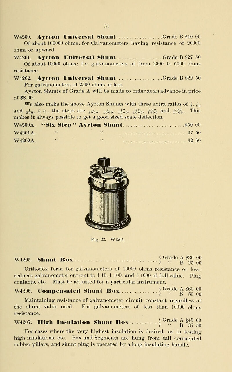 W4300. Ayrtoii Universal Sliuiit Grade B ?40 00 Of about 100000 ohms; for Galvanometers having resistance of 20000 ohms or upward. W4201. Ayrtoii Universal i^hunt Grade B $27 50 Of about 10000 ohms; for galvanometers of from 3500 to 6000 ohms resistance. W4202. Ayrton Universal Sliniit Grade B $22 50 For galvanometers of 2500 ohms or less. Ayrton Shunts of Grade A will be made to order at an advance in price of $8.00. We also make the above Ayrton Shunts with three extra ratios of ^, ^^ij 8'iid -g^, i. e., the steps are xoVo toVo' liSo' xt^o' Ttufo ^^^^ yjo'o- This makes it always possible to get a good sized scale deflection. W4200A.  Six Step  Ayrton Slinnt |50 00 W4201A. '•  37 50 W4202A.  '• ' 32 50 Fig. 23. W4205. W4205. Shunt Box | Grade A $30 00 Orthodox form for galvanometers of 10000 ohms resistance or less: reduces galvanometer cm-rent to 1-10, 1-100, and 1-1000 of full value. Plug contacts, etc. Must be adjusted for a particular instrument. W4206. Compensated Shunt Box \ ^^rade A $60 00 ( B 50 00 Maintaining resistance of galvanometer circuit constant regardless of the shunt value used. For galvanometers of less than 10000 ohms resistance. W4207. High Insulation Shunt Box j Grade A <|45 00 For cases where the very highest insulation is desired, as in testing- high insulations, etc. Box and Segments are hung from tall corrugated rubber pillars, and shunt plug is operated by a long insulating handle.