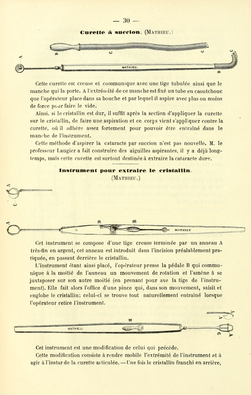 — so- eurette à succion. (Mathieu. Cette curette est creuse et communique avec une tige tubulée ainsi que le manche qui la porte. A iextréiiiité de ce manche est fixé un tube en caoutchouc que l'opérateur place dans sa bouche et par lequel il aspire avec plus ou moins de force pour faire le vide. Ainsi, si le cristallin est dur, il suffit après la section d'appliquer la curette sur le cristallin, de faire une aspiration et ce corps vient s'appliquer contre la curette, où il adhère assez fortement pour pouvoir être entraîné dans le manche de l'instrument. Cette méthode d'aspirer la cataracte par succion n'est pas nouvelle. M. le professeur Laugier a fait construire des aiguilles aspirantes, il y a déjà long- temps, mais cette curette est surtout destinée à extraire la cataracte dure. Instrument pour ex^traire le cristallin. (Mathieu.) Cet instrument se compose d'une tige creuse terminée par un anneau A très-fin en argent, cet anneau est introduit dans l'incision préalablement pra- tiquée, en passant derrière le cristallin. L'instrument étant ainsi placé, l'opérateur presse la pédale B qui commu- nique à la moitié de l'anneau un mouvement de rotation et l'amène à se juxtaposer sur son autre moitié (en prenant pour axe la tige de l'instru- ment). Elle fait alors l'office d'une pince qui, dans son mouvement, saisit et englobe le cristallin; celui-ci se trouve tout naturellement entraîné lorsque l'opérateur retire l'instrument. Cet instrument est une modification de celui qui précède. Cette modification consiste à rendre mobile l'extrémité de l'instrument et à. agir à l'instar de la curette ai ticulée. —Une fois le cristallin franchi en arrière,