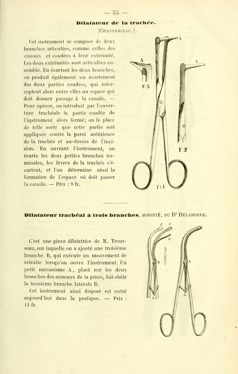 IklIuiatK^iir «l4^ lu lracli«^4' ((lllASSAKiNAC.) {'a\[ iiislnmiciil se ((niiiiosc dr (lrii\ brandies arliciiliu's, citiiimc ccilcs (1(!S ciseiinx cl coiitlccs iï It'iir cxln'inilo. Los deux oxtrémilért soiil arlic.iiléc.s en- semble. Kn écartant les deux branches, on produit également un écarlement des deux parties coudées, qui inter- ceptent alors entre elles un espace qui doit donner passage à la canule. — Pour opérer, on introduit par l'ouver- ture trachéale la partie coudée de l'instrument alors fermé; on le place de telle sorte que cetle partie soit appliquée contre la paroi antérieure de la trachée et au-dessus de l'inci- sion. En ouvrant l'instrument, on écarte les deux petites branches ter- minales, les lèvres de la trachée s'é- cartent, et l'on détermine ainsi la Formation de l'espace où doit passer la canule. — Prix : 9 fr. ^^N^S^l Dilatateur tracbéal à trois brandies, modifié, du D'' Delaborde. C'est une pince dilatatrice de M. Trous- seau, sur laquelle on a ajouté une troisième branche B, qui exécute un mouvement de retraite lorsqu'on ouvre l'instrument. Un petit mécanisme A, placé sur les deux branches des anneaux de la pince, fait obéir la troisième branche latérale B. Cet instrument ainsi disposé est entré aujourd'hui dans la pratique. — Prix :