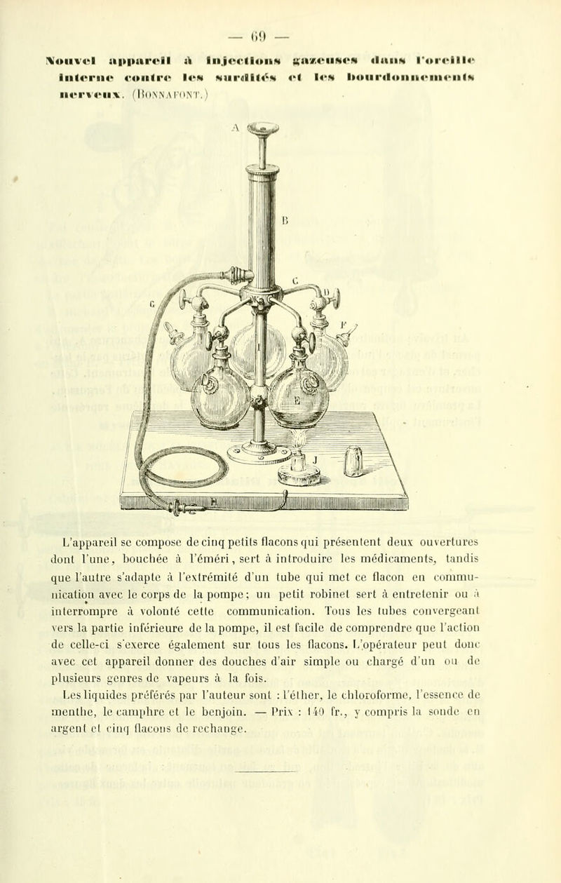— iW) — :VOIIV4'l a|l|»tll'4'll A lllJ4'4*ll<»lkM Ka'#.4''IIN4'W 4lailM I'4»r4''lll4'^ Ill(4>ril4' 4-4»llfr4>! l4»N NU l'dl I|4^«« 4'l |4>IH l»4»ll IMioil Ik4>lll4-'ll IW Il4'r«4'll^. fltiiN.NArd.NT.) L'appareil se compose de cinq petits flacons qui présentent deux ouvertures dont l'une, bouchée à l'éméri, sert à introduire les médicaments, tandis que l'autre s'adapte à l'extrémité d'un tube qui met ce flacon en commu- nication avec le corps de la pompe; un petit robinet sert à entretenir ou à interrompre à volonté cette communication. Tous les tubes convergeant vers la partie inférieure de la pompe, il est facile de comprendre que l'action de celle-ci sexerce également sur tous les flacons. L'opérateur peut donc avec cet appareil donner des douches d'air simple ou chargé d'un ou de plusieurs genres de vapeurs à la fois. Les liquides préférés par l'auteur sont : l'éther, le chloroforme, l'essence de menthe, le camphre et le benjoin. —Prix: 140 fr., y compris la sonde en argent cl cinq (laçons de rechange.