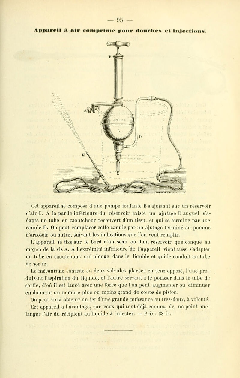 /%l»l»ui*cll A air «>oiii|»rliii«' pour «l4»ii«;licw vl IiiJ<o<*1I4»iim. Cet appareil se compose d'une pompe foulante Bs'ajusiaiit sur un réservoir d'air C. A la partie inférieure du réservoir existe un ajutage D auquel s'a- dapte un tube en caoutchouc recouvert d'un tissu, et qui se termine par une canule E. On peut remplacer cette canule par un ajutage terminé en pomme d'arrosoir ou autre, suivant les indications que l'on veut remplir. L'appareil se fixe sur le bord d'un seau ou d'un réservoir quelconque au moyen de la vis A. A l'extrémité inférieure de l'appareil vient aussi s'adapter un tube en caoutchouc qui plonge dans le liquide et qui le conduit au tube de sortie. Le mécanisme consiste en deux valvules placées en sens opposé, l'une pro- duisant l'aspiration du liquide, et l'autre servant à le pousser dans le tube dn sortie, d'où il est lancé avec une force que l'on peut augmenter ou diminuer en donnant un nombre plus ou moins grand de coups de piston. On peut ainsi obtenir un jet d'une grande puissance ou très-doux, à volonté. Cet appareil a l'avantage, sur ceux qui sont déjà connus, de ne point mé- langer l'air du récipient au liquide à injecter. — Prix : 38 fr.