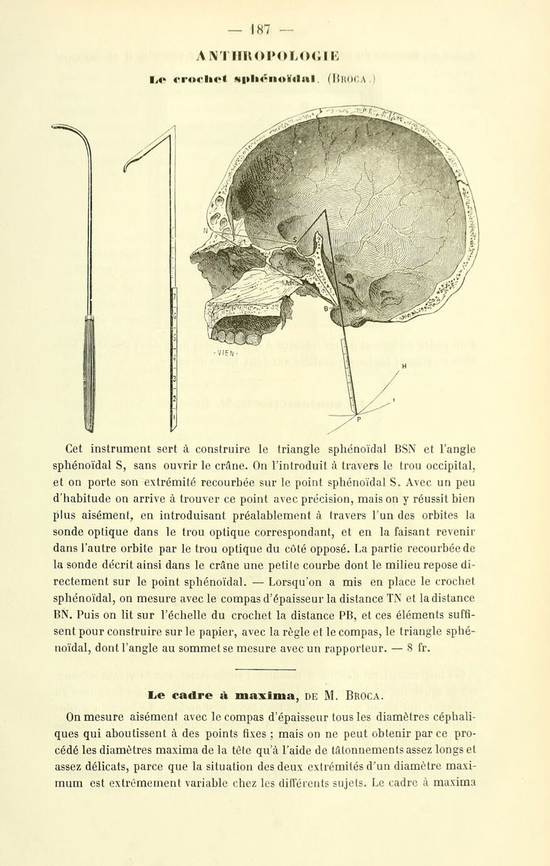 AN'i iiiu>imm.<m;ii: liC Cr4»('ll«'t !S|»ll4>ll4»ï(l4»l. (iHlOCA Cet instrument sert à construire le triangle sphénoïdal BSN et l'angle sphénoïdal S, sans ouvrir le crâne. On l'introduit à travers le trou occipital, et on porte son extrémité recourbée sur le point sphénoïdal S. Avec un peu d'habitude on arrive à trouver ce point avec précision, mais on y réussit bien plus aisément, en introduisant préalablement à travers l'un des orbites la sonde optique dans le trou optique correspondant, et en la faisant revenir dans l'autre orbite par le trou optique du côté opposé. La partie recourbée de la sonde décrit ainsi dans le crâne une petite courbe dont le milieu repose di- rectement sur le point sphénoïdal. — Lorsqu'on a mis en place le crochet sphénoïdal, on mesure avec le compas d'épaisseur la distance TN et la distance BN. Puis on lit sur l'échelle du crochet la distance PB, et ces éléments suffi- sent pour construire sur le papier, avec la règle et le compas, le triangle sphé- noïdal, dont l'angle au sommet se mesure avec un rapporteur. — S fr. liC cadre à maxima, de M. Broca. On mesure aisément avec le compas d'épaisseur tous les diamètres cépbali- ques qui aboutissent à des points fixes ; mais on ne peut obtenir par ce pro- cédé les diamètres maxima de la tête qu'à l'aide de tâtonnements assez longs et assez délicats, parce que la situation des deux extrémités d'un diamètre maxi- mum est extrêmement variable chez les différents sujets. Le cadre à maxima