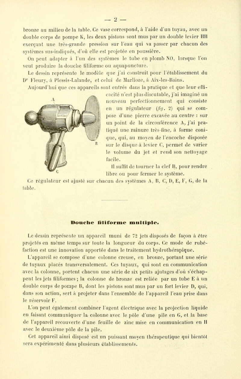 bronze au milieu de la fable. Ce vase correspond, à l'aide d'un tuyau, avec un double corps de pompe K, les deux pistons sont mus par un double levier HH exerçant une très-grande pression sur l'eau qui va passer par chacun des systèmes sus-indiqués, d'où elle est projetée en poussière. On peut adapter à l'un des systèmes le tube en plomb NO, lorsque l'on veut produire la douche filiforme ou aquapunclure. Le dessin représente le modèle que j'ai construit pour l'établissement du D' Fleury, à Plessis-Lalande, et celui de Marlioze, à Ai\-les-Bains. Aujourd'hui que ces appareils sont entrés dans la pratique et que leur effi- cacité n'est plus discutable, j'ai imaginé un nouveau perfectionnement qui consiste en un régulateur {fig. 2) qui se com- pose d'une pierre excavée au centre : sur un point de la circonférence A, j'ai pra- tiqué une rainure très-fine, à forme coni- que, qui, au moyen de l'encoche disposée sur le disque à levier C, permet de varier le volume du jet et rend son nettoyage facile. Il suffit de tourner la clef B, pour rendre libre ou pour fermer le système. Ce régulateur est ajusté sur chacun des systèmes A, B, C, D, E, F, G, de la fable. Doaclie fllirorme mnltiplo« Le dessin représente un appareil muni de 72 jets disposés de façon à être projetés en même temps sur toute la longueur du corps. Ce mode de rubé- faction est une innovation apportée dans le traitement hydrothérapique. L'appareil se compose d'une colonne creuse, en bronze, portant une série de tuyaux placés transversalement. Ces tuyaux, qui sont en communication avec la colonne, portent chacun une série de six petits ajutages d'où s'échap- pent les jets filiformes; la colonne de bronze est reliée par un tube E à un double corps de pompe B, dont les pistons sont mus par un fort levier D, qui, dans son action, sert à projeter dans l'ensemble de l'appareil l'eau prise dans le réservoir V. ■ L'on peut également combiner l'agent électrique avec la projection liquide en faisant communiquer la colonne avec le pôle d'une pile en G, et la base de l'appareil recouverte d'une feuille de zinc mise en communication en H avec le deuxième pôle de la pile. Cet appareil ainsi disposé est un puissant moyen thérapeutique qui bientôt sera expérimenté dans plusieurs établissements.