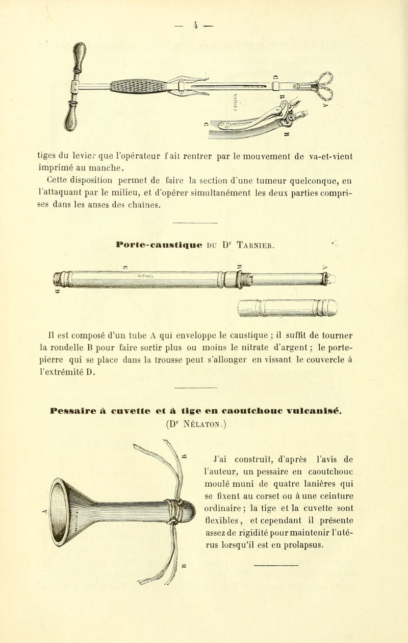 tiges du levier que l'opérateur fait rentrer par le mouvement de va-et-vient imprimé au manche. Cette disposition permet de faire la section d'une tumeur quelconque, en l'attaquant par le milieu, et d'opérer simultanément les deux parties compri- ses dans les anses des chaînes. Porte-caustique du D'' Tarnier. Il est composé d'un tube A qui enveloppe le caustique ; il suffît de tourner la rondelle B pour faire sortir plus ou moins le nitrate d'argent ; le porte- pierre qui se place dans la trousse peut s'allonger en vissant le couvercle à l'extrémité D. Pessaire à curette et ù. tige en caoutcbouc v^nlcanisé. (D'' NÉLATON.) J'ai construit, d'après l'avis de l'auteur, un pessaire en caoutchouc moulé muni de quatre lanières qui se fixent au corset ou aune ceinture ordinaire ; la tige et la cuvette sont flexibles, et cependant il présente assez de rigidité pour maintenir l'uté- rus lorsqu'il est en prolapsus.