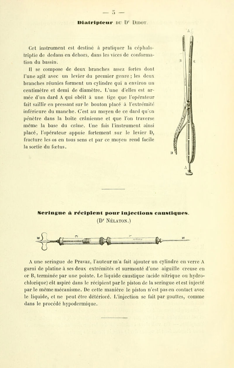 Illalrlpt<>ur uv W Diixi Cet instrument est destiné à pratiquer la céphalo- triptie de dedans en dehors, dans les vices de conforma- tion du bassin. il se compose de deux branches assez fortes dont l'une agit avec un levier du premier genre ; les deux branches réunies forment un cylindre qui a environ un centimètre et demi de diamètre. L'une d'elles est ar- mée d'un dard A qui obéit à une lige que l'opérateur fait saillir en pressant sur le bouton placé à l'extrémité inférieure du manche. C'est au moyen de ce dard qu'on pénètre dans la boîte crânienne et que l'on traverse même la base du crâne. Une fois l'instrument ainsi placé, l'opérateur appuie fortement sur le levier D, fracture les os en tous sens et par ce moyen rend facile la sortie du fœtus. Seringue à récipient pour injections canstl<iaes. (D' NÉLATON.) A une seringue de Pravaz, l'auteur m'a fait ajouter un cylindre en verre A garni de platine à ses deux extrémités et surmonté d'une aiguille creuse en or B, terminée par une pointe. Le liquide caustique (acide nitrique ou hydro- chlorique) est aspiré dans le récipient parle piston de la seringue et est injecté parle même mécanisme. De cette manière le piston n'est pas en contact avec le liquide, et ne peut être détérioré. I/injection se fait par gouttes, comme dans le procédé hypodermique.