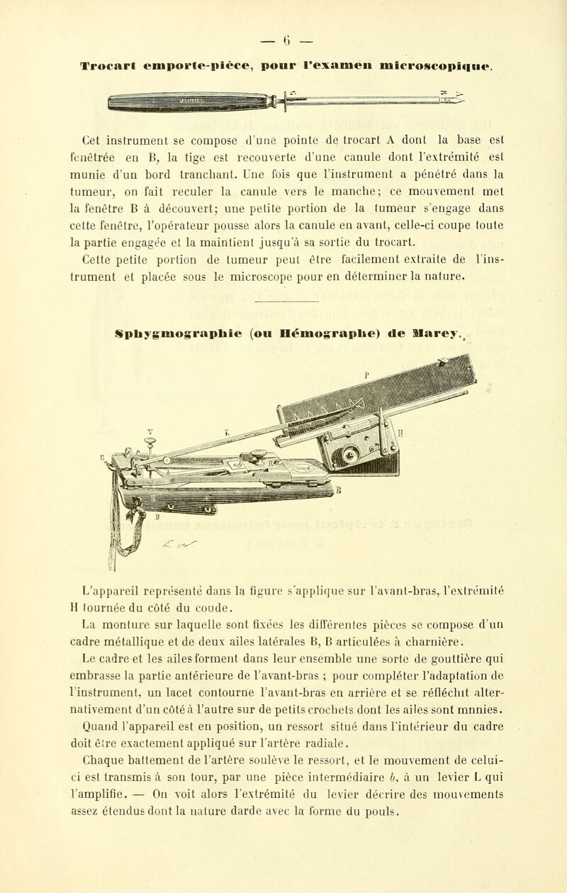 Trocart emporte-pièce, pour l'examen microseopîtiiie. Cet instrument se compose d'une pointe de trocart A dont la base est fenètrée en B, la tige est recouverte d'une canule dont l'extrémité est munie d'un bord tranchant. Une fois que l'instrument a pénétré dans la tumeur, on fait reculer la canule vers le manche; ce mouvement met la fenêtre B à découvert; une petite portion de la tumeur s'engage dans cette fenêtre, l'opérateur pousse alors la canule en avant, celle-ci coupe toute la partie engagée et la maintient jusqu'à sa sortie du trocart. Cette petite portion de tumeur peut être facilement extraite de l'ins- trument et placée sous le microscope pour en déterminer la nature. Spliygmograpliie (ou Hémog;rapl&e) de aiarey. L'appareil représenté dans la figure s'applique sur l'avant-bras, l'extrémité H tournée du côté du coude. La monture sur laquelle sont fixées les différentes pièces se compose d'un cadre métallique et de deux ailes latérales B, B articulées à charnière. Le cadre et les ailes forment dans leur ensemble une sorte de gouttière qui embrasse la partie antérieure de l'avant-bras ; pour compléter l'adaptation de l'instrument, un lacet contourne l'avant-bras en arrière et se réfléchit alter- nativement d'un côté à l'autre sur de petits crochets dont les ailes sont munies. Quand l'appareil est en position, un ressort situé dans l'intérieur du cadre doit êlre exactement appliqué sur l'artère radiale. Chaque battement de l'artère soulève le ressort, et le mouvement de celui- ci est transmis à son tour, par une pièce intermédiaire 6, à un levier L qui l'amplifie. — On voit alors l'extrémité du levier décrire des mouvements assez étendus dont la nature darde avec la forme du pouls.