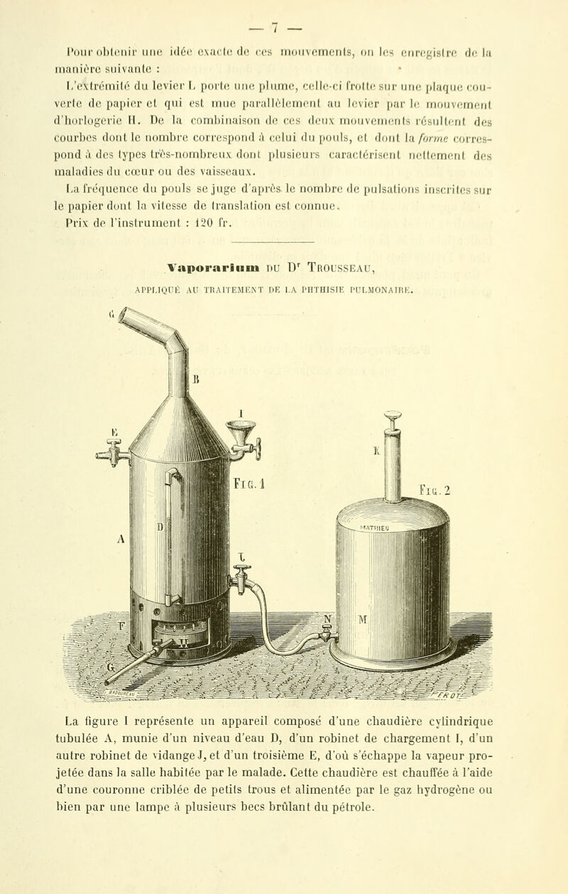 l'our obUiiiii' uni; idéi; cxui'lc do ciîs iiniiivcmciils, on les fuircf^islrf de lit maniùrc suivante : L'e.vtrômil6 du levier F, porte une pliune, cell(!-ci Crotte sni' une \t\nq\ui cou- verte de papier et qui est mue pariillèlemcnl ;ni levier pur le mouvement d'horlogerie H. De la combinaison de ces deux inonviinienls résultent des courbes dont le nombre correspond ;\ celui du pouls, et dont hi forme corres- pond à des types très-nombreu.v dont plusieurs caractérisent nettement des maladies du cœur ou des vaisseaux. La i'réqucnce du pouls se juge d'après le nombre de pulsations inscrites sur le papier dont la vitesse de translation est connue. Prix de l'instrument : i'JO l'r. Vaporarlum nu D' Trousseau, APPLIQUÉ AU ïRAriEMEKT DE I.A PUTHISIE PULMONAIRE. La figure 1 représente un appareil composé d'une chaudière cylindrique tubulée A, munie d'un niveau d'eau D, d'un robinet de chargement I, d'un autre robinet de vidange J, et d'un troisième E, d'où s'échappe la vapeur pro- jetée dans la salle habitée par le malade. Cette chaudière est chauffée k l'aide d'une couronne criblée de petits trous et alimentée par le gaz hydrogène ou bien par une lampe à plusieurs becs brûlant du pétrole.