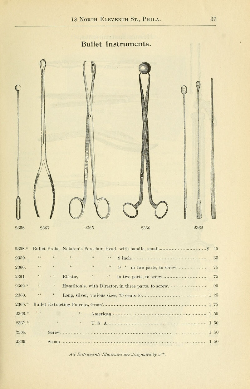 Bullet Instruments. 2358 2367 O' 2365 2366 2362 2358.* Bullet Probe, Nelaton's Porcelain Head, with handle, small $ 45 2359.      9 inch 65 2360.  ■    9  in two parts, to screw 75 •2361.  ■ Elastic,   in two parts, to screw 75 2362.* . '• Hamilton's, with Director, in three parts, to screw 90 2363. ''  Long, silver, various sizes, 75 cents to 1 25 2365.* Bullet Extracting Forceps, Gross' 1 75 2366.* ''' •  American 1 50 2367.* • ' • U. S. A 150 2368. • Screw / 1 50 23()9. Scoop. 1 50