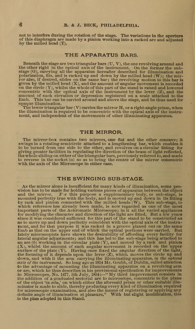 not to interfere during the rotation of the stage. The variations in the aperture of this diaphragm are made by a pinion working into a racked arc and adjusted by the milled head (T). THE APPARATUS BARS. Beneath the stage are two triangular bars (U, V), the one revolving around and the other rigid in the optical axis of the instrument. On the former the sub- stage (G), carrying all the apparatus hereafter described for illumination and polarization, fits, and is racked up and down by the milled head (W); the mir- ror also, if desired, slides on the same bar; the revolving motion to this bar is given by the milled head (X), and the amount of angular movement is recorded on the circle (Y), whilst the whole of this part of the stand is raised and lowered concentric with the optical axis of the instrument by the lever (Z), and the amount of such elevation or depression registered on a scale attached to the limb. This bar can be carried around and above the stage, and be thus used for opaque illumination. The lower triangular bar (V) carries the mirror H, or a right-angle prism, when the illumination is required to be concentric with the optical axis of the instru- ment, and independent of the movements of other illuminating apparatus. THE MIRROR. The mirror-box contains two mirrors, one flat and the other concave; it swings in a rotating semicircle attached to a lengthening bar, which enables it to be turned from one side to the other, and revolves on a circular fitting for giving greater facilities in regulating the direction of the beam of light reflected, the whole sliding on either of the triangular bars, previously referred to, and made to reverse in the socket (a) so as to bring the centre of the mirror concentric with the axis of the Microscope in either case. THE SWINGING SUB-STAGE. As the mirror alone is insufficient for many kinds of illumination, some pro- vision has to be made for holding various pieces of apparatus between the object and the mirror. For this purpose a supplementary body, or sub-stage, is mounted perfectly true with the body, and is moved up and down in its fitting by rack and pinion connected with the milled heads (W). This sub-stage, to which reference has already been made, is now regarded as one of the most important parts of the Achromatic Microscope; in it all the varied appliances for modifying the character and direction of the light are fitted. But a lew years since it was considered sufficient for this part of the stand to be constructed so as to move up and down perfectly coincident with the optical axis of the instru- ment, and for that purpose it was racked in a groove planed out on the same limb as that on the upper end of which the optical portions were carried. But lately microscopists have shown the desirability of affording every facility for lateral angular adjustments; and this has led to the sub-stage being attached to an arc (6) working in the circular plate (Y), and moved by a rack and pinion (X), whilst the amount of such angular movement is recorded on the upper surface of the plate (Y). Having once fixed the angular direction of the light, the focusing of it depends upon the lever (Z), which moves the circle up and down, and with it the arm carrying the illuminating apparatus, in the optical axis of the instrument. So long ago as 1854 Mr. Grubb, of Dublin, called attention to the advantage of mounting the illuminating apparatus on a revolving arm or arc, which he thus describes in his provisional specification for improvements in Microscopes, No. 1477, 5th July, 1854:—My third improvement consists in the addition of a graduated sectorial arc to microscope, concentric to the plane of the object Hn situ,' on which either the aforesaid prism or other suitable illu- minator is made to slide, thereby producing every kind of illumination required for microscopic examination, and also the means of registering or applying any definite angle of illumination at pleasure, With but slight modification, this is the plan adopted in this Stand.