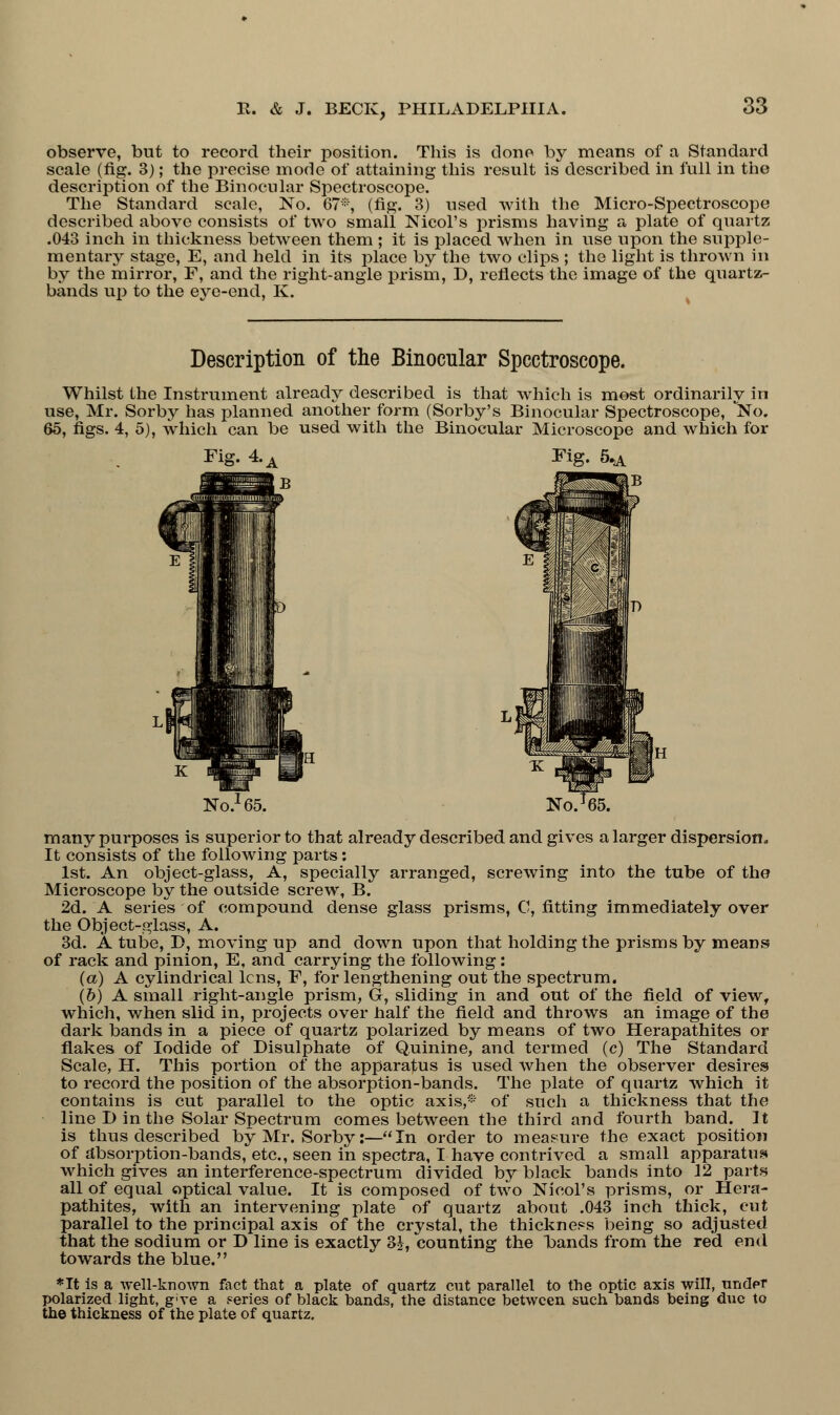 observe, but to record their position. This is done by means of a Standard scale (fig. 3); the precise mode of attaining this result is described in full in the description of the Binocular Spectroscope. The Standard scale, No. 67*, (fig. 3) used with the Micro-Spectroscope described above consists of two small Nicol's prisms having a plate of quartz .043 inch in thickness between them ; it is placed when in use upon the supple- mentary stage, E, and held in its place by the two clips ; the light is thrown in by the mirror, F, and the right-angle prism, D, reflects the image of the quartz- bands up to the eye-end, K. Description of the Binocular Spectroscope. Whilst the Instrument already described is that which is most ordinarily in use, Mr. Sorby has planned another form (Sorby's Binocular Spectroscope, No. 65, figs. 4, 5), which can be used with the Binocular Microscope and which for Fig. 4.A Fig. 5.A No/ 65. No.J65. many purposes is superior to that already described and gives a larger dispersion. It consists of the following parts: 1st. An object-glass, A, specially arranged, screwing into the tube of the Microscope by the outside screw, B. 2d. A series of compound dense glass prisms, C, fitting immediately over the Object-glass, A. 3d. A tube, D, moving up and down upon that holding the prisms by means of rack and pinion, E, and carrying the following: (a) A cylindrical lens, F, for lengthening out the spectrum. (6) A small right-angle prism, G, sliding in and out of the field of view, which, when slid in, projects over half the field and throws an image of the dark bands in a piece of quartz polarized by means of two Herapathites or flakes of Iodide of Disulphate of Quinine, and termed (c) The Standard Scale, H. This portion of the apparatus is used when the observer desires to record the position of the absorption-bands. The plate of quartz which it contains is cut parallel to the optic axis,* of such a thickness that the line I) in the Solar Spectrum comes between the third and fourth band. It is thus described by Mr. Sorby:—In order to measure the exact position of absorption-bands, etc., seen in spectra, I have contrived a small apparatus which gives an interference-spectrum divided by black bands into 12 parts all of equal optical value. It is composed of two Nicol's prisms, or Hera- pathites, with an intervening plate of quartz about .043 inch thick, cut parallel to the principal axis of the crystal, the thickness being so adjusted that the sodium or D line is exactly 3J, counting the hands from the red end towards the blue. *It is a well-known fact that a plate of quartz cut parallel to the optic axis will, under polarized light, g^ve a series of black bands, the distance between such bands being due to the thickness of the plate of quartz.