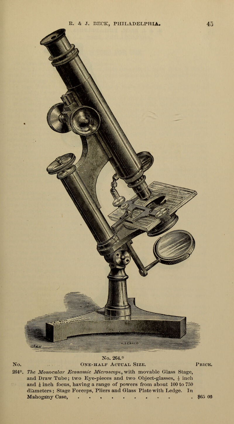 No. 264.* No. One-half Actual Size. Price. 264*. The Monocular Economic Microscope, with movable Glass Stage, and Draw Tube; two Eye-pieces and two Object-glasses, i inch and & inch focus, having a range of powers from about 100 to 750 diameters ; Stage Forceps, Pliers and Glass Plate with Ledge. In Mahogany Case, . $65 00