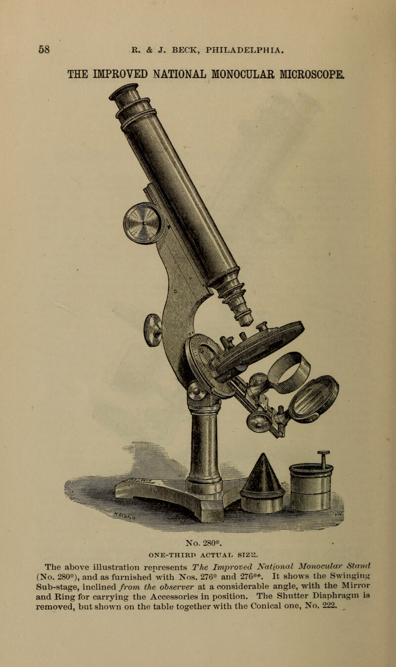 THE IMPROVED NATIONAL MONOCULAR MICROSCOPE. No. 280*. ONE-THIRP ACTUAL STZli. The above illustration represents The Improved National Monocular Stand (No. 280*), and as furnished with Nos. 276* and 276**. It shows the Swinging Sub-stage, inclined from the observer at a considerable angle, with the Mirror and Ring for carrying the Accessories in position. The Shutter Diaphragm is removed, but shown on the table together with the Conical one, No. 222. m