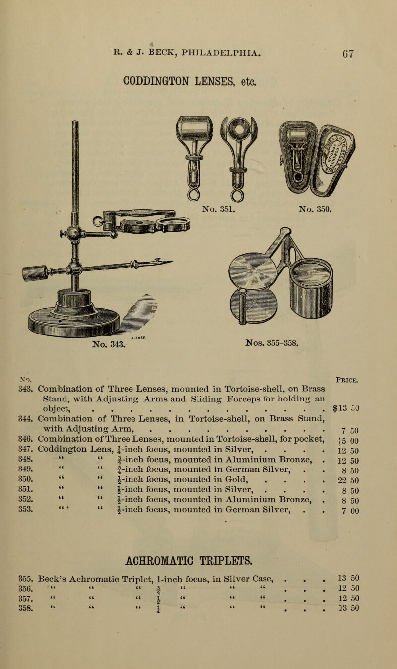 CODDINGTON LENSES, etc. No. 343. Kos. 355-358. No. 343. 344. 346. 347. 348. 349. 350. 351. 352. 353. Price. Combination of Three Lenses, mounted in Tortoise-shell, on Brass Stand, with Adjusting Arms and Sliding Forceps for holding an object, $13 50 Combination of Three Lenses, in Tortoise-shell, on Brass Stand, with Adjusting Arm, 7 CO Combination of Three Lenses, mounted in Tortoise-shell, for pocket, j 5 00 Coddington Lens, f-inch focus, mounted in Silver, . . • 12 50  |-inch focus, mounted in Aluminium Bronze, . 12 50   f-inch focus, mounted in German Silver, . . 8 50   £-inch focus, mounted in Gold, . . . . 22 50   £-inch focus, mounted in Silver, . , . . 8 50  '* £-inch focus, mounted in Aluminium Bronze, . 8 50  £-inch focus, mounted in German Silver, . . 7 00 ACHROMATIC TRIPLETS. 355. Beck's Achromatic Triplet, 1-inch focus, in Silver Case, 356. '   1    357.  »«  I   u 358. «• '4 4< 1 4t  M 13 50 12 50 12 50 33 50