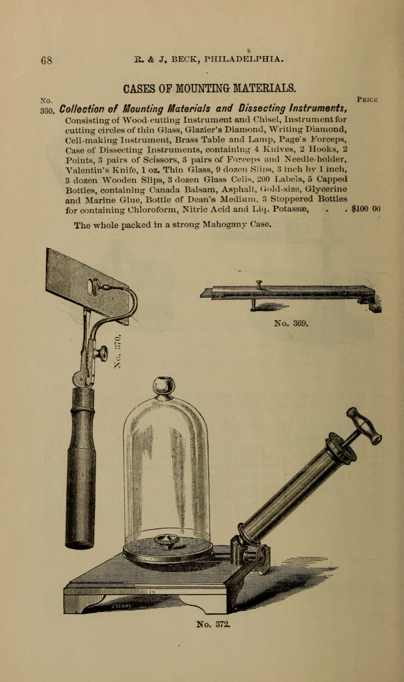 CASES OF MOUNTING MATERIALS. Xo. PElCfi 360. Collection of Mounting Materials and Dissecting Instruments, Consisting of Wood-cutting Instrument and Chisel, Instrument for cutting circles of thin Glass, Glazier's Diamond, Writing Diamond, Cell-making Instrument, Brass Table and Lamp, Page's Forceps, Case of Dissecting Instruments, containing 4 Knives, 2 Hooks, 2 Points, 3 pairs of Scissors, 3 pairs of Forceps and Needle-holder, Valentin's Knife, 1 oz. Thin Glass, 9 dozen Slips, 3 inch by 1 inch, 3 dozen Wooden Slips, 3 dozen Glass Cells, 200 Labels, 5 Capped Bottles, containing Canada Balsam, Asphalt, Gold-size, Glycerine and Marine Glue, Bottle of Dean's Medium. 3 Stoppered Bottles for containing Chloroform, Nitric Acid and Liq. Potassse, . . $100 00 The whole packed in a strong Mahogany Case.