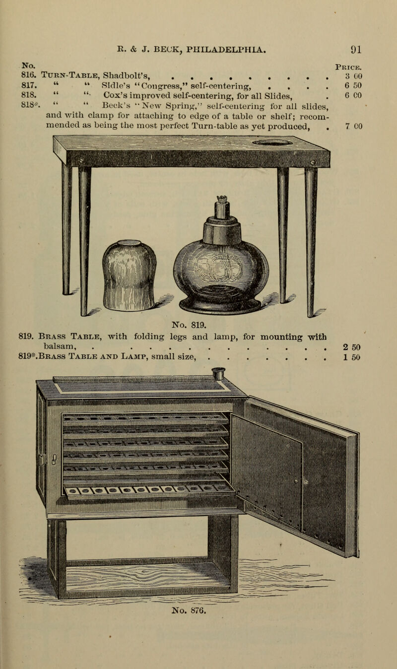 No. 816. Turn-Table, Shadbolt's 817.   Sidle's Congress, self-centering, . 818. ■ Cox's improved self-centering, for all Slides, 818i:.   Beck's New Spring, self-centering for all slides, and with clamp for attaching to edge of a table or shelf; recom- mended as being the most perfect Turn-table as yet produced, Price. 3 00 6 50 6 CO 7 00 No. 819. 819. Brass Table, with folding legs and lamp, for mounting with balsam, . 819*.Brass Table and Lamp, small size, 2 50 1 50