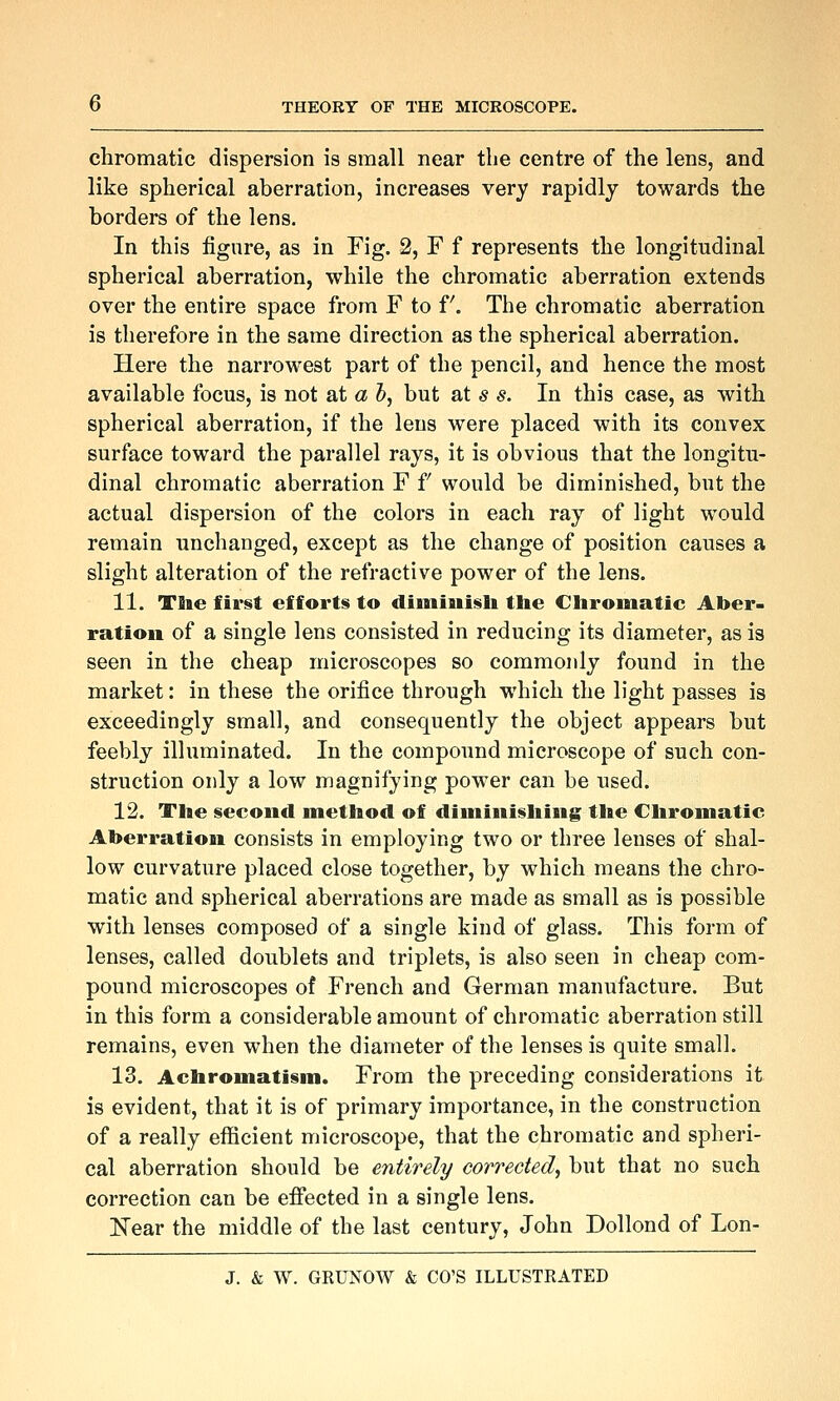chromatic dispersion is small near the centre of the lens, and like spherical aberration, increases very rapidly towards the borders of the lens. In this figure, as in Fig. 2, F f represents the longitudinal spherical aberration, while the chromatic aberration extends over the entire space from F to i'. The chromatic aberration is therefore in the same direction as the spherical aberration. Here the narrowest part of the pencil, and hence the most available focus, is not at a 5, but at s s. In this case, as with spherical aberration, if the lens were placed with its convex surface toward the parallel rays, it is obvious that the longitu- dinal chromatic aberration F f would be diminished, but the actual dispersion of the colors in each ray of light would remain unchanged, except as the change of position causes a slight alteration of the refractive power of the lens. 11. TSie first efforts to diininisli tlie Chromatic Aber- ration of a single lens consisted in reducing its diameter, as is seen in the cheap microscopes so commonly found in the market: in these the orifice through which the light passes is exceedingly small, and consequently the object appears but feebly illuminated. In the compound microscope of such con- struction only a low magnifying power can be used. 12. Tlie second method of diminishing the Chromatic Aberration consists in employing two or three lenses of shal- low curvature placed close together, by which means the chro- matic and spherical aberrations are made as small as is possible with lenses composed of a single kind of glass. This form of lenses, called doublets and triplets, is also seen in cheap com- pound microscopes of French and German manufacture. But in this form a considerable amount of chromatic aberration still remains, even when the diameter of the lenses is quite small. 13. Achromatism. From the preceding considerations it is evident, that it is of primary importance, in the construction of a really efficient microscope, that the chromatic and spheri- cal aberration should be entirely corrected, but that no such correction can be effected in a single lens. ITear the middle of the last century, John Dollond of Lon-
