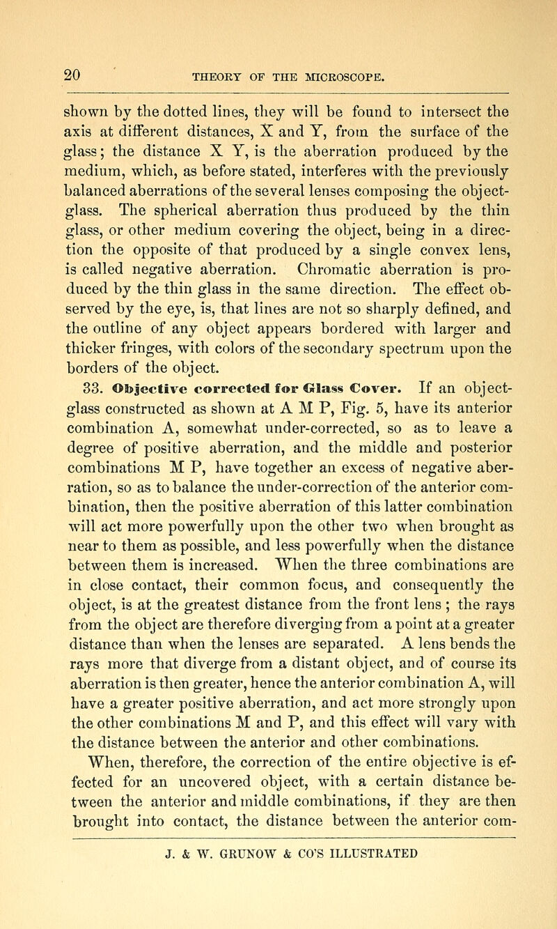 shown by the dotted lines, they will be found to intersect the axis at different distances, X and Y, from the surface of the glass; the distance X Y, is the aberration produced by the medium, which, as before stated, interferes with the previously balanced aberrations of the several lenses composing the object- glass. The spherical aberration thus produced by the thin glass, or other medium covering the object, being in a direc- tion the opposite of that produced by a single convex lens, is called negative aberration. Chromatic aberration is pro- duced by the thin glass in the same direction. The effect ob- served by the eye, is, that lines are not so sharply defined, and the outline of any object appears bordered with larger and thicker fringes, with colors of the secondary spectrum upon the borders of the object. 33. Otojective corrected for CJlass Cover. If an object- glass constructed as shown at A M P, Fig. 5, have its anterior combination A, somewhat under-corrected, so as to leave a degree of positive aberration, and the middle and posterior combinations M P, have together an excess of negative aber- ration, so as to balance the under-correction of the anterior com- bination, then the positive aberration of this latter combination will act more powerfully upon the other two when brought as near to them as possible, and less powerfully when the distance between them is increased. When the three combinations are in close contact, their common focus, and consequently the object, is at the greatest distance from the front lens ; the rays from the object are therefore diverging from a point at a greater distance than when the lenses are separated. A lens bends the rays more that diverge from a distant object, and of course its aberration is then greater, hence the anterior combination A, will have a greater positive aberration, and act more strongly npon the other combinations M and P, and this effect will vary with the distance between the anterior and other combinations. When, therefore, the correction of the entire objective is ef- fected for an uncovered object, with a certain distance be- tween the anterior and middle combinations, if they are then brought into contact, the distance between the anterior com-