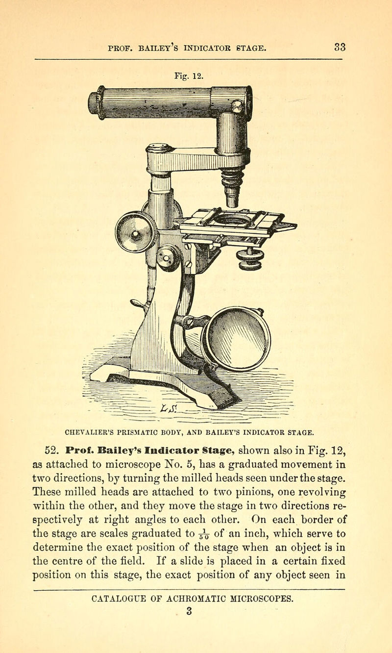 Fig. 12. CHEVALIER'S PRISMATIC BODY, AND BAILEY'S INDICATOR STAGE. 52. Prof. Bailey's Indicator §tage, shown also in Fig. 12, as attached to microscope No. 5, has a graduated movement in two directions, by turning the milled heads seen under the stage. These milled heads are attached to two pinions, one revolving within the other, and they move the stage in two directions re- spectively at right angles to each other. On each border of the stage are scales graduated to 5^ of an inch, which serve to determine the exact position of the stage when an object is in the centre of the field. If a slide is placed in a certain fixed position on this stage, the exact position of any object seen in CATALOGUE OF ACHROMATIC MICROSCOPES. 3