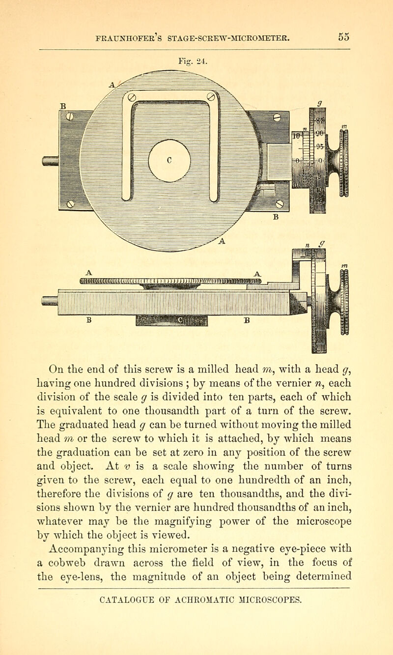 Fiff. 24. On the end of this screw is a milled head m, with a head g, having one hundred divisions ; by means of the vernier 7^, each division of the scale g is divided into ten parts, each of which is equivalent to one thousandth part of a turn of the screw. The graduated head g can be turned without moving the milled head m or the screw to which it is attached, by which means the graduation can be set at zero in any position of the screw and object. At -y is a scale showing the number of turns given to the screw, each equal to one hundredth of an inch, therefore the divisions of g are ten thousandths, and the divi- sions shown by the vernier are hundred thousandths of an inch, whatever may be the magnifying power of the microscope by which the object is viewed. Accompanying this micrometer is a negative eye-piece with a cobweb drawn across the field of view, in the focus of the eye-lens, the magnitude of an object being determined