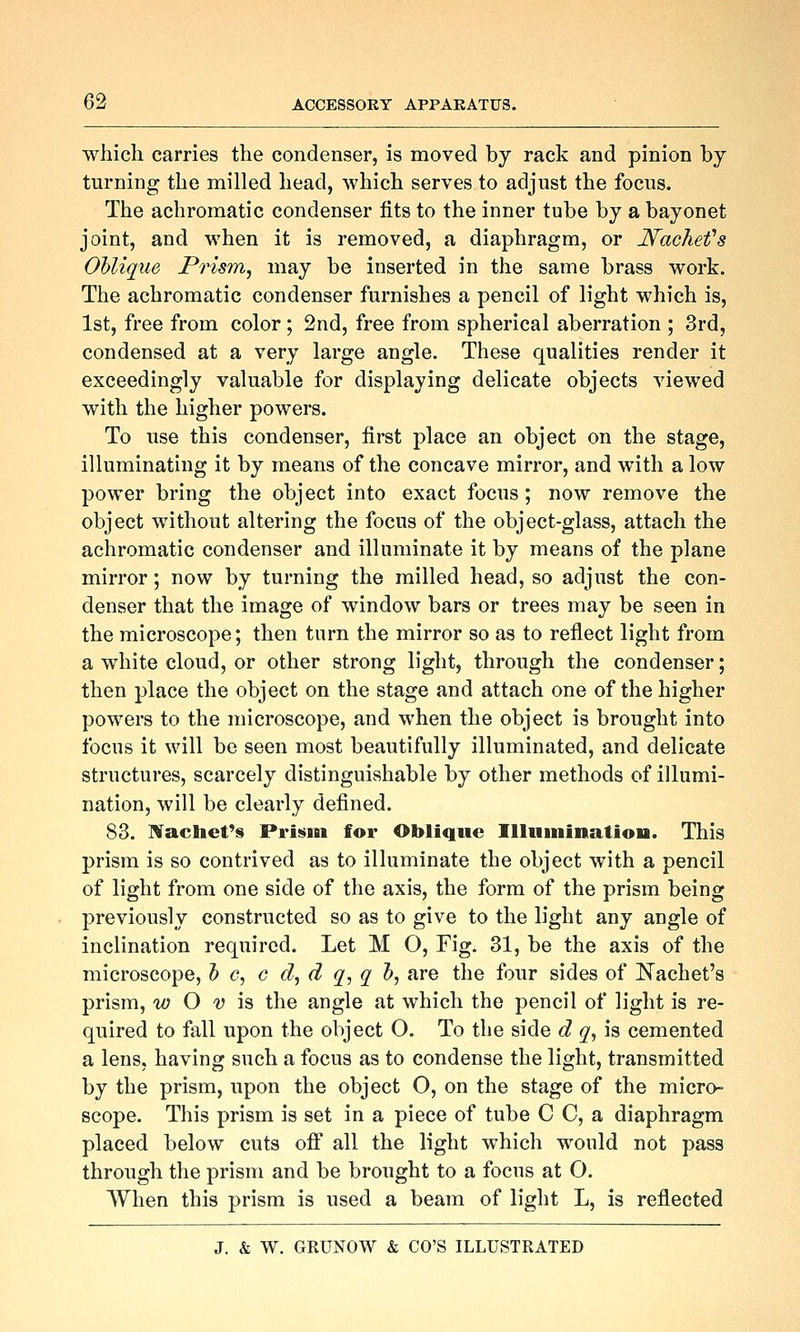 which carries the condenser, is moved by rack and pinion by turning the milled head, which serves to adjust the focus. The achromatic condenser fits to the inner tube by a bayonet joint, and when it is removed, a diaphragm, or Wachefs Oblique Prism, may be inserted in the same brass work. The achromatic condenser furnishes a pencil of light which is, 1st, free from color; 2nd, free from spherical aberration ; 3rd, condensed at a very large angle. These qualities render it exceedingly valuable for displaying delicate objects viewed with the higher powers. To use this condenser, first place an object on the stage, illuminating it by means of the concave mirror, and with a low power bring the object into exact focus ; now remove the object without altering the focus of the object-glass, attach the achromatic condenser and illuminate it by means of the plane mirror; now by turning the milled head, so adjust the con- denser that the image of window bars or trees may be seen in the microscope; then turn the mirror so as to reflect light from a white cloud, or other strong light, through the condenser; then place the object on the stage and attach one of the higher powers to the microscope, and when the object is brought into focus it will be seen most beautifully illuminated, and delicate structures, scarcely distinguishable by other methods of illumi- nation, will be clearly defined. 83. Wachet's Pris^m for Oblique Illuiiiinatiou. This prism is so contrived as to illuminate the object with a pencil of light from one side of the axis, the form of the prism being previously constructed so as to give to the light any angle of inclination required. Let M O, Fig. 31, be the axis of the microscope, h c, c d, d q, q h, are the four sides of Nachet's prism, w O V \Q the angle at which the pencil of light is re- quired to fall upon the object O. To the side d q^ is cemented a lens, having such a focus as to condense the light, transmitted by the prism, upon the object O, on the stage of the micro- scope. This prism is set in a piece of tube C C, a diaphragm placed below cuts off all the light which would not pass through the prism and be brought to a focus at O. When this prism is used a beam of light L, is reflected