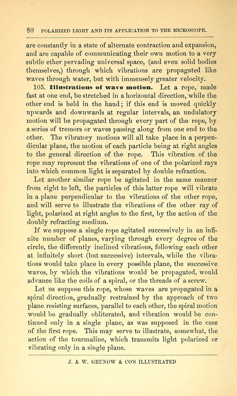 are constantly in a state of alternate contraction and expansion, and are capable of communicating their own motion to a very subtle ether pervading universal space, (and even solid bodies themselves,) through which vibrations are propagated like waves through water, but with immensely greater velocity. 105. IllMstrations of wave motion. Let a rope, made fast at one end, be stretched in a horizontal direction, while the other end is held in the hand; if this end is moved quickly upwards and downwards at regular intervals, an undulatory motion will be propagated through every part of the rope, by a series of tremors or waves passing along from one end to the other. The vibratory motions will all take place in a perpen- dicular plane, the motion of each particle being at right angles to the general direction of the rope. This vibration of the rope may represent the vibrations of one of the polarized rays into which common light is separated by double refraction. Let another similar rope be agitated in the same manner from right to left, the particles of this latter rope will vibrate in a plane perpendicular to the vibrations of the other rope, and will serve to illustrate the vibrations of the other ray of light, polarized at right angles to the first, by the action of the doubly refracting medium. If we suppose a single rope agitated successively in an infi- nite number of planes, varying through every degree of the circle, the differently inclined vibrations, following each other at infinitely short (but successive) intervals, while the vibra- tions would take place in every possible plane, the successive waves, by which the vibrations would be propagated, would advance like the coils of a spiral, or the threads of a screw. Let us suppose this rope, whose waves are propagated in a spiral direction, gradually restrained by the approach of two plane resisting surfaces, parallel to each other, the spiral motion would be gradually obliterated, and vibration would be con- tinued only in a single plane, as was supposed in the case of the first rope. This may serve to illustrate, somewhat, the action of the tourmaline, which transmits light polarized or vibrating only in a single plane.