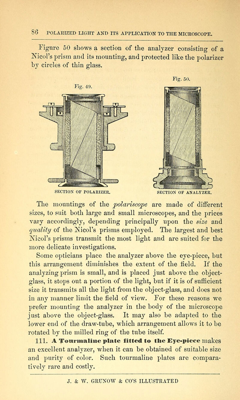 Figure 50 sliows a section of the analyzer consisting of a Nicol's prism and its mounting, and protected like the polarizer by circles of thin glass. riff. 50. Fig. 49. SECTION OF POLARIZER. SECTION OF ANALYZER. The mountings of the polariscope are made of different sizes, to suit both large and small microscopes, and the prices vary accordingly, depending principally upon the size and quality of the Nicol's prisms employed. The largest and best Nicol's prisms transmit the most light and are suited for the more delicate investigations. Some opticians place the analyzer above the eye-piece, but this arrangement diminishes the extent of the field. If the analyzing prism is small, and is placed just above the object- glass, it stops out a portion of the light, but if it is of suflScient size it transmits all the light from the object-glass, and does not in any manner limit the field of view. For these reasons we prefer mounting the analyzer in the body of the microscope just above the object-glass. It may also be adapted to the lower end of the draw-tube, which arrangement allow^s it to be rotated by the milled ring of the tube itself. 111. A ToiirsiialiMe plate fitted to tlie Eye-piece makes an excellent analyzer, when it can be obtained of suitable size and purity of color. Such tourmaline plates are compara- tively rare and costly.