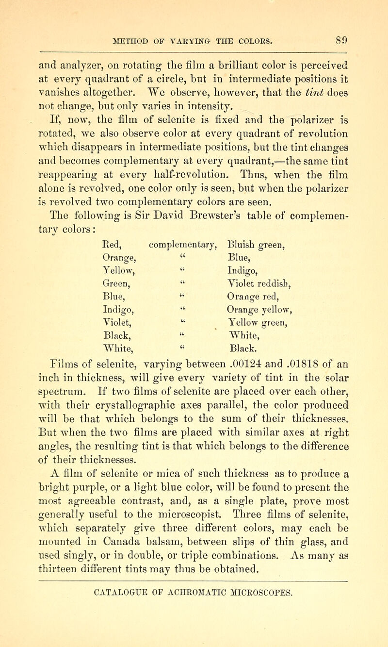 and analyzer, on rotating the film a brilliant color is perceived at every quadrant of a circle, but in intermediate positions it vanishes altogether. We observe, however, that the tint does not change, but only varies in intensity. If, now, the film of selenite is fixed and the polarizer is rotated, we also observe color at every quadrant of revolution which disappears in intermediate positions, but the tint changes and becomes complementary at every quadrant,—the same tint reappearing at every half-revolution. Thus, when the film alone is revolved, one color only is seen, but when the polarizer is revolved two complementary colors are seen. The following is Sir David Brewster's table of complemen- tary colors: Eed, complementary, Bluish green, Orange,  Blue, Yellow,  Indigo, Green,  Yiolet reddish, Blue,  Orange red, Indigo,  Orange yellow, Violet,  Yellow green, Black,  ' White, White,  Black. Eilms of selenite, varying between .00124 and .01818 of an inch in thickness, will give every variety of tint in the solar spectrum. If two films of selenite are placed over each other, with their crystallographic axes parallel, the color produced will be that which belongs to the sum of their thicknesses. But when the two films are placed with similar axes at right angles, the resulting tint is that which belongs to the difference of their thicknesses. A film of selenite or mica of such thickness as to produce a bright purple, or a light blue color, will be found to present the most agreeable contrast, and, as a single plate, prove most generally useful to the microscopist. Three films of selenite, which separately give three difi'erent colors, may each be mounted in Canada balsam, between slips of thin glass, and used singly, or in double, or triple combinations. As many as thirteen difi'erent tints may thus be obtained.