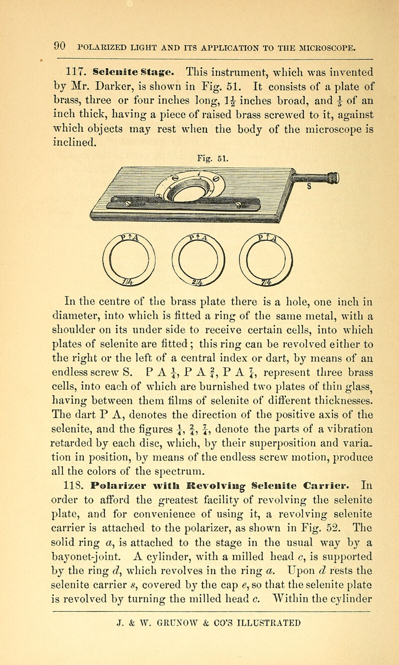 117. Selenite Stage. This instrument, which was invented by Mr. Darker, is shown in Fig. 51. It consists of a plate of brass, three or four inches long, 1^ inches broad, and | of an inch thick, having a piece of raised brass screwed to it, against which objects may rest when the body of the microscope is inclined. Fig. 51. In the centre of the brass plate there is a hole, one inch in diameter, into which is fitted a ring of the same metal, with a shoulder on its under side to receive certain cells, into which plates of selenite are fitted ; this ring can be revolved either to the right or the left of a central index or dart, by means of an endless screw S. P A ^, P A |, P A f, represent three brass cells, into each of which are burnished two plates of thin glass having between them films of selenite of difi'erent thicknesses. The dart P A, denotes the direction of the positive axis of the selenite, and the figures }, f, j, denote the parts of a vibration retarded by each disc, which, by their superposition and varia- tion in position, by means of the endless screw motion, produce all the colors of the spectrum, 118. Polarizer with HevoIviaBg Selenite Carrier. In order to afford the greatest facility of revolving the selenite plate, and for convenience of using it, a revolving selenite carrier is attached to the polarizer, as shown in Fig. 52. The solid ring a, is attached to the stage in the usual way by a bayonet-joint. A cylinder, with a milled head c, is supported by the ring d, which revolves in the ring a. Upon d rests the selenite carrier s, covered by the cap e, so that the selenite plate is revolved by turning the milled head c. Within the cylinder