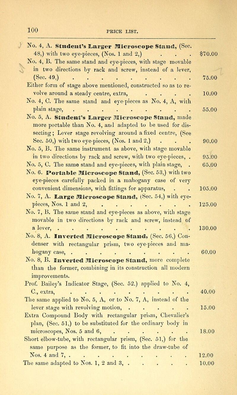 ; No. 4, A. §tude9il:'§ liarger Microscope SftaiKil, (Sec. 48,) with two eye-pieces, (Nos. 1 and 2,) ... $10.00 No. 4, B. The same stand and eye-pieces, with stage movable ^ in two directions by rack and screw, instead of a lever, (Sec. 49,) 75.00 Either form of stage above mentioned, constructed so as to re- volve around a steady centre, extra, .... 10.00 No. 4, C. The same stand and eye-pieces as No. 4, A, with plain stage, 55.00 No. 5, A. Slaident's Sparger Mica'©sc®pe Sfiaaad, made more portable than No. 4, and adapted to be used for dis- secting ; Lever stage revolving around a fixed centre, (See Sec. 50,) with two eye-pieces, (Nos. 1 and 2,) . . . 90.00 No. 5, B. The same instrument as above, with stage movable in two directions by rack and screw, with two eye-pieces, . 95.00 No. 5, C. The same stand and eye-pieces, with plain stage, . 65.00 No. 6. Poa-ta,l>le Microscope Stamd, (Sec. 53,) with two eye-pieces carefully packed in a mahogany case of very convenient dimensions, with fittings for apparatus, . . 105.00 No. 1, A. I^arge MicFOScope §laMd, (Sec. 54,) with eye- pieces, Nos. 1 and 2, 125.00 No. 7, B. The same stand and eye-pieces as above, with stage movable in two directions by rack and screw, instead of a lever, 130.00 No. 8, A. Inverted fflicroscope §taiiBd, (Sec. 56,) Con- denser with rectangular prism, two eye-pieces and ma- hogany case, 60.00 No. 8, B. laaverted Microscope §faiBd, more complete than the former, combining in its construction all modern improvements. Prof. Bailey's Indicator Stage, (Sec. 52.) applied to No. 4, C, extra, 40.00 The same applied to No. 5, A, or to No. Y, A, instead of the lever stage with revolving motion, ..... 15.00 Extra Compound Body with rectangular prism, Chevalier's plan, (Sec. 51,) to be substituted for the ordinary body in microscopes, Nos. 5 and 6, . . . . . . 18.00 Short elbow-tube, with rectangular prism, (Sec. 51,) for the same purpose as the former, to fit into the draw-tube of Nos. 4 and 7, 12.00 The same adapted to Nos. 1, 2 and 3, 10.00