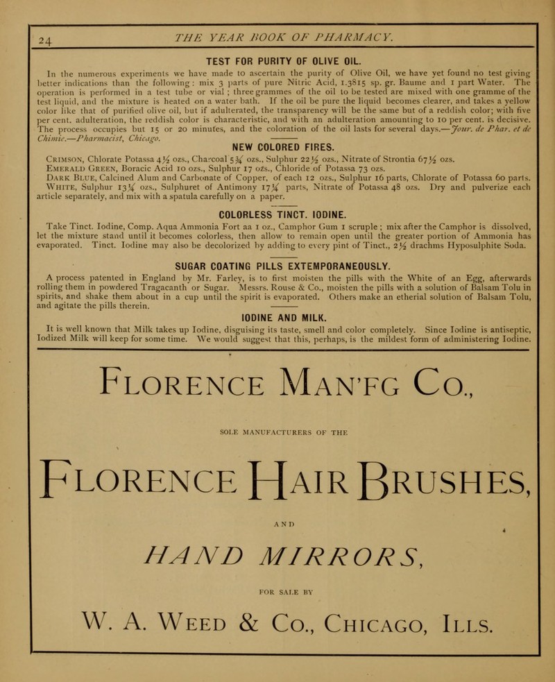 TEST FOR PURITY OF OLIVE OIL In t]ie numerous experiments we have made to ascertain the purity of Olive Oil, we have yet found no test giving better indications than the following: mix 3 parts of pure Nitric Acid, 1.3815 sp. gr. Baume and i part Water. The operation is performed in a test tube or vial ; three grammes of the oil to be tested are mixed with one gramme of the test liquid, and the mixture is heated on a water bath. If the oil be pure the liquid becomes clearer, and takes a yellow color like that of purified olive oil, but if adulterated, the transparency will be the same but of a reddish color; with five per cent, adulteration, the reddish color is characteristic, and with an adulteration amounting to lo per cent, is decisive. The process occupies but 15 or 20 minutes, and the coloration of the oil lasts for several days.—Jour, de Phar. et de CJiimic.—Pharmacist^ Chicago. NEW COLORED FIRES. Crimson, Chlorate Potassa4^ ozs.. Charcoal 5^ ozs.. Sulphur 22 j/^ ozs., Nitrate of Strontia 67^ ozs. Emerald Green, Boracic Acid 10 ozs.. Sulphur 17 02s., Chloride of Potassa 73 ozs. Dark Blue, Calcined Alum and Carbcmate of Copper, of each 12 ozs., Sulphur 16 parts. Chlorate of Potassa 60 parts. White, Sulphur 13X ^'^'^^^ Sulphuret of Antimony 17X P^i't^, Nitrate of Potassa 48 ozs. Dry and pulverize each article separately, and mix with a spatula carefully on a paper. COLORLESS TINCT. IODINE. Take Tinct. Iodine, Comp. Aqua Ammonia Fort aa i oz.. Camphor Cium i scruple ; mix after the Camphor is dissolved, let the mixture stand until it becomes colorless, then allow to remain open until the greater portion of Ammonia has evaporated. Tinct. Iodine may also be decolorized by adding to every pint of Tinct., 2^ drachms Hyposulphite Soda. SUGAR COATING PILLS EXTEMPORANEOUSLY. A process patented in England by Mr. Farley, is to first moisten the pills with the White of an Egg, afterwards rolling them in powdered Tragacanth or Sugar. Messrs. Rouse & Co., moisten the pills with a solution of Balsam Tolu in spirits, and shake them about in a cup until the spirit is evaporated. Others make an etherial solution of Balsam Tolu, and agitate the pills therein. IODINE AND MILK. It is well known that Milk takes up Iodine, disguising its taste, smell and color completely. Since Iodine is antiseptic. Iodized Milk will keep for some time. We would suggest that this, perhaps, is the mildest form of administering Iodine. Florence Man'fg Co., sole manufacturers of the Florence Hair Brushes, and HAND MIRRORS, for sale by W. A. Weed & Co., Chicago, Ills.