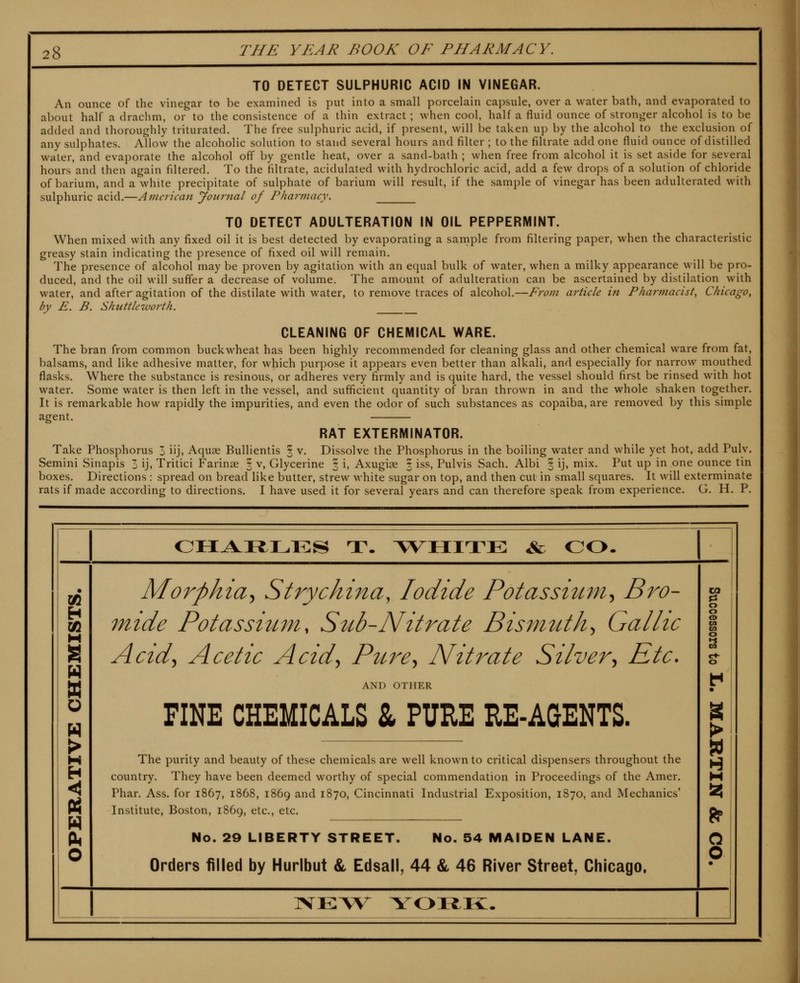 TO DETECT SULPHURIC ACID IN VINEGAR. An ounce of the vinegar to be examined is put into a small porcelain capsule, over a water bath, and evaporated to about half a drachm, or to the consistence of a thin extract; when cool, half a fluid ounce of stronger alcohol is to be added and thoroughly triturated. The free sulphuric acid, if present, will be taken up by the alcohol to the exclusion of any sulphates. Allow the alcoholic solution to stand several hours and filter ; to the filtrate add one fluid ounce of distilled water, and evaporate the alcohol off by gentle heat, over a sand-bath ; when free from alcohol it is set aside for several hours and then again filtered. To the filtrate, acidulated with hydrochloric acid, add a few drops of a solution of chloride of barium, and a white precipitate of sulphate of barium will result, if the sample of vinegar has been adulterated with sulphuric acid.—American Jounial of Pharmacy. TO DETECT ADULTERATION IN OIL PEPPERMINT. When mixed with any fixed oil it is best detected by evaporating a sample from filtering paper, when the characteristic greasy stain indicating the presence of fixed oil will remain. The presence of alcohol may be proven by agitation with an equal bulk of water, when a milky appearance will be pro- duced, and the oil will suffer a decrease of volume. The amount of adulteration can be ascertained by distilation with water, and after agitation of the distilate with water, to remove traces of alcohol.—From article in Pharmacist, Chicago, by E. B. Shuttle-worth. CLEANING OF CHEMICAL WARE. The bran from common buckwheat has been highly recommended for cleaning glass and other chemical ware from fat, balsams, and like adhesive matter, for which purpose it appears even better than alkali, and especially for narrow mouthed flasks. Where the substance is resinous, or adheres very firmly and is quite hard, the vessel should first be rinsed with hot water. Some water is then left in the vessel, and sufficient quantity of bran thrown in and the whole shaken together. It is remarkable how rapidly the impurities, and even the odor of such substances as copaiba, are removed by this simple agent. RAT EXTERMINATOR. Take Phosphorus 3 iij, Aquae Bullientis § v. Dissolve the Phosphorus in the boiling water and while yet hot, add Pulv, Semini Sinapis 3 ij, Tritici Farinae ? v, Glycerine 3 i, Axugiae § iss, Pulvis Sach, Albi § ij, mix. Put up in one ounce tin boxes. Directions : spread on bread like butter, strew white sugar on top, and then cut in small squares. It will exterminate rats if made according to directions, I have used it for several years and can therefore speak from experience, G. H, P, CH^^IiLlilS T. AVHITE & CO. Til H H » \> H < P4 0 Morphia., Strychina, Iodide Potassitmi., B?^o- mide Potassiwn, Sttb-Nitrate Bisnitith., Gallic Acid^ Acetic Acid., Ptire^ Nitrate Silver., Etc. AND OTHER FINE CHEMICALS & PURE RE-AGENTS. The purity and beauty of these chemicals are well known to critical dispensers throughout the country. They have been deemed worthy of special commendation in Proceedings of the Amer, Phar, Ass. for 1867, 1868, 1869 and 1870, Cincinnati Industrial Exposition, 1870, and Mechanics' Institute, Boston, 1869, etc., etc. o ! o 1 o ta la o S 1 o • > pi H H !^ « 0 • No. 29 LIBERTY STREET. No. 54 MAIDEN LANE. Orders filled by Hurlbut & Edsail, 44 & 46 River Street, Chicago. TVE^V\^ YOH.K:.