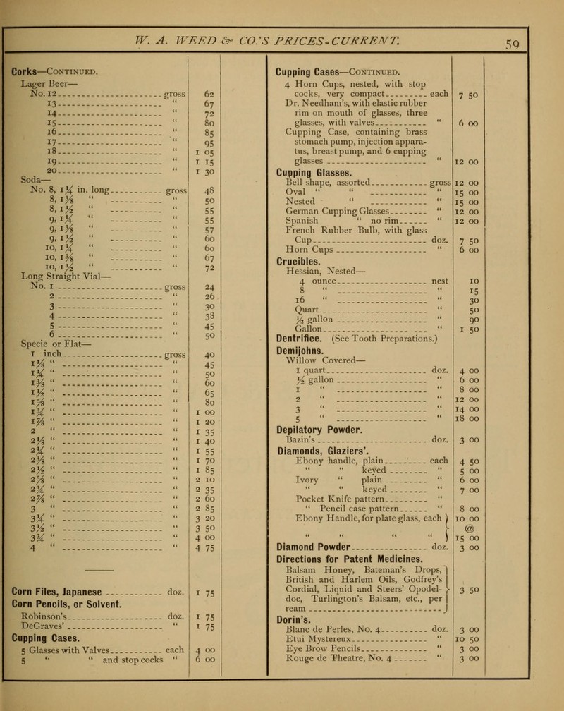 Corks—Continued. Lager Beer— No. 12 gross 13 14 15 16 17 18 19 20 Soda— No. 8 9 9 9 10 10 10 :}4 in. long gross Long Straight Vial- No. I gross Specie or Flat— I inch iVr  gross 2 ^/s 2^ 2/2 2H 2^ 27/8 3 3X 3K 3^ 4 Corn Files, Japanese doz. Corn Pencils, or Solvent. Robinson's doz. DeGraves'  Cupping Cases. 5 Glasses vrith Valves each 5 '•  and stop cocks  62 67 72 80 85 95 I 05 I 15 I 30 48 50 55 55 57 60 60 67 72 24 26 30 38 45 50 40 45 50 60 65 80 I 00 I 20 I 35 I 40 I 55 I 70 I 85 2 10 2 35 2 60 2 85 3 20 3 50 4 00 4 75 I 75 I 75 I 75 4 00 6 00 Cupping Cases—Continued. 4 Horn Cups, nested, with stop cocks, very compact each Dr. Needham's, with elastic rubber rim on mouth of glasses, three glasses, with valves  Cupping Case, containing brass stomach pump, injection appara- tus, breast pump, and 6 cupping glasses  Cupping Glasses. Bell shape, assorted gross Oval   Nested  German Cupping Glasses Spanish  no rim French Rubber Bulb, with glass Cup Horn Cups _  Crucibles. Hessian, Nested— 4 ounce nest do2 16  Quart 14 gallon _ Gallon _ Dentrifice. (See Tooth Preparations.) Demijohns. Willow Covered— I quart doz j4 gallon r  2  3  — - --- do z. Depilatory Powder. Bazin's Diamonds, Glaziers'. Ebony handle, plain ' each   keyed Ivory  plain   keyed Pocket Knife pattern  Pencil case pattern Ebony Handle, for plate glass, each Diamond Powder doz. Directions for Patent Medicines. Balsam Honey, Bateman's Drops, British and Harlem Oils, Godfrey's Cordial, Liquid and Steers' Opodel- )■ doc, Turlington's Balsam, etc., per j ream J Dorin's. Blanc de Perles, No. 4 doz. Etui Mystereux —  Eye Brow Pencils  Rouge de Theatre, No. 4  7 50 6 00 12 GO 12 00 15 00 15 00 12 00 12 00 7 50 6 00 10 15 30 50 90 I 50 4 GO 6 00 8 00 12 00 14 00 18 00 3 00 4 50 5 00 6 00 7 00 8 00 10 00 @ 15 00 3 00 3 50 3 00 10 50 3 00 3 00