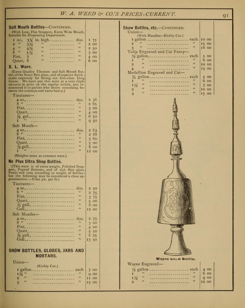 91 Salt Mouth Bottles—Continued. (With Low, Flat Stoppers, Extra Wide Mouth, Suitable for Dispensing Department. I oz.. 3X 2  3/2 4  4^ 8  sYz Pint, 7 Quart, 8 X. L. Ware. in. high. do2 (Extra Quality Tincture and Salt Mouth Bot- tles of the finest flint glass, and of superior finish ; made expressly for fitting out first-class Drug Stores. We have put this ware at a very slight advance in price on the regular article, ana re- commend it to parties who desire something be- tween the common and extra heavy.) Tinctures— 4 oz., doz. Pint, •• Quart, *• y^ gal., •' Salt Mouth— 4 oz.,._ — doz. 8  Pint, _ Quart, Kgall - (Heights same as common ware.) Ne Plus Ultra Shop Bottles. (This ware is of extra weight, Polished Stop- pers, Punted Bottoms, and of rich flint glass, Prices will vary according to weight of bottles ; but the following may be considered a close ap- proximation :—Price 30c. per lb.) Tinctures— 4 oz., doz. 8 *• •• Pint,  Quart,  Kgall •' Gall.,  Salt Mouths— 4 oz., doz. Pint,... Quart,.. 'A gall., Gall SHOW BOTTLES, GLOBES, JARS AND MORTARS. Union— (Richly Cut.) 1 gallon each i>^ ----  2 ••  3  .......  I 75 2 00 2 50 3 00 4 00 6 00 2 38 2 65 3 00 4 00 6 50 9 50 2 63 2 88 3 60 5 00 8 00 12 00 2 50 2 75 3 75 5 00 8 00 12 00 2 75 3 00 4 00 5 50 8 25 13 50 7 00 9 00 II 00 15 00 Show Bottles, etc.—continued. Union— (With Handles—Richly Cut.) 1 galloil . each 2  •• 3  -  Tulip Engraved and Cut Fancy— }4 gallon, each 2 ••  4 ;' - •• Medallion Engraved and Cut— ^ gallon each 1 • * iK •• ---  2   4   ^^4M 10 00 15 00 18 00 5 00 6 GO 10 00 15 00 5 00 6 00 7 00 10 00 15 00 Wayne &riow Bottle* Wayne Engraved— j4 gallon each J «< tt iK '• lllllllllllllllllll • 2   4 00 6 00 9 00 12 00