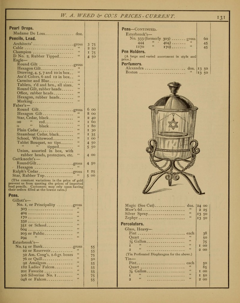 Pearl Drops. Madame De Loss _. doz. Pencils, Lead. Architects' gross Cable  Champion _  D No. 2, Rubber Tipped  Eagle— Round Gilt ..gross Hexagon Gilt  Drawing, 4, 5, 7 and 10 in box. _  Ass'd Colors, 6 and 12 in box..  Carmine and Blue  Tablets, r'd and hex., all sizes.  Round Gilt, rubber heads  Office, rubber heads  Hexagon, rubber heads  Marking  Faber's— Round Gilt gross Hexagon Gilt  Star, Cedar, black  00  red *• o  black '• Plain Cedar  Steamboat Cedar, black  School, Whitewood •' Tablet Bouquet, no tips  tipped  Union, assorted in box, with rubber heads, protectors, etc.  Guttknecht's — Round Gilt gross Hexagon  Ralph's Cedar gross Star, Rubber Top  (The constant variations in the price of gold prevent us from quoting the prices of imported lead pencils. Customers may rely upon having their orders filled at the lowest rates.) Pens. Gillott's— No. I, or Principality .- gross 303---  404  170  332  351 or School  604  203 or Public  294   Esterbrook's— No. 14 or Bank- gross 22 or Reservoir  32 Am. Cong's, 1-6 gr. boxes  76orQuilL_  92 Amalgam  182 Ladies'Falcon  201 Favorite  306 Silverine No. i  048 or Falcon  I3T 3 75 2 50 I 75 4 50 6 00 8 00 2 40 60 80 30 35 00 4 50 5 50 4 00 4 50 I 25 5 00 55 55 75 50 55 55 55 75 55 Pens—Continued. Esterbrook's— ^o- 333 (formerly 303) gross 444  ' 404)  1170  170) *• Pen Holders. (A large and varied assortment in style and price.) Perfumers. Alexandra doz. Boston  Magic (See Cut) doz. Maw's 6d  Silver Spray '* Zephyr  Percolators. Glass, Heavy— Pint each Quart '* ^Gallon  1- (i (4 2   (Tin Perforated Diaphragms for the above.) Tin- Pint each Quart  ^ Gallon *• 1  - '• 2 •♦  60 45 45 13 50 13 50 24 00 2 25 13 50 13 50 38 50 75 I GO 2 GO 50 85 I GG I 50 2 GG