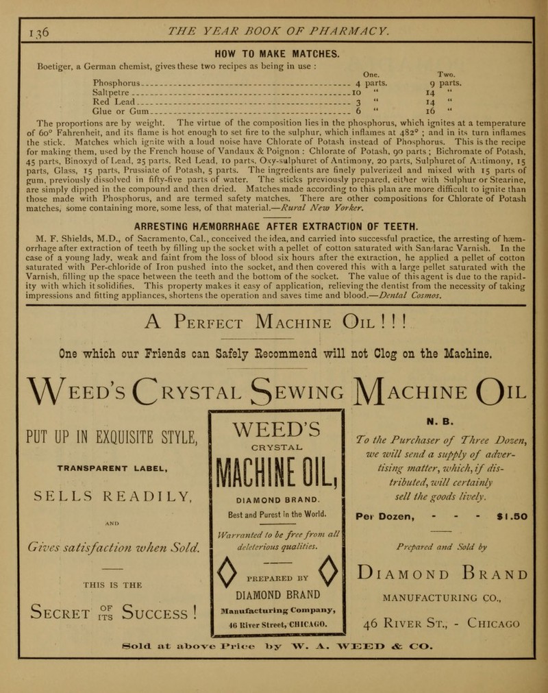 HOW TO MAKE MATCHES. Boetiger, a German chemist, gives these two recipes as being in use : One. Two. Phosphorus 4 parts. 9 parts. Saltpetre .- 10 *' 14 Red Lead 3 *' 14  Glue or Gum 6  16  The proportions are by weight. The virtue of the composition lies in the phosphorus, which ignites at a temperature of 60 Fahrenheit, and its flame is hot enough to set fire to the sulphur, which inflames at 482'' ; and in its turn inflames the stick. Matches which ignite with aloud noise have Chlorate of Pota^^h instead of Phosphorus. This is the recipe for making them, used by the French house of Vandaux & Poignon : Chlorate of Potash, 90 parts ; Bichromate of Potash, 45 parts, Binoxyd of Lead, 25 parts. Red Lead, 10 parts. Oxy-sulphuret of Antimony, 20 parts, Sulphuretof A:;timony, 15 parts, Glass, 15 parts, Prussiate of Potash, 5 parts. The ingredients are finely pulverized and mixed with 15 parts of gum. previously dissolved in fifty-five parts of water. The sticks previously prepared, either with Sulphur or Stearine, are simply dipped in the compound and then dried. Matches made according to this plan are more difficult to ignite than those made with Phosphorus, and are termed safety matches. There are other compositions for Chlorate of Potash matches, some containing more, some less, of that material.—Rural New Yorker. ARRESTING H/EMORRHAGE AFTER EXTRACTION OF TEETH. M. F. Shields, M.D., of Sacramento, Cal., conceived the idea, and carried into successful practice, the arresting of haem- orrhage after extraction of teeth by filling up the socket with a pellet of cotton saturated with Sandarac Varnish. In the case of a young lady, weak and faint from the loss of blood six hours after the extraction, he applied a pellet of cotton saturated with Per-chloride of Iron pushed into the socket, and then covered this with a large pellet saturated with the Varnish, filling up the space between the teeth and the bottom of the socket. The value of this agent is due to the rapid- ity with which it solidifies. This property makes it easy of application, relieving the dentist from the necessity of taking impressions and fitting appliances, shortens the operation and saves time and blood,—Dental Cosmos. A Perfect Machine Oil ! ! ! One which our Priends can Safely Hecommend will net Clog on the Machine. Weed's (]^rystal Jewing Machine O^^ PUT UP IN EXQUISITE STYLE, TRANSPARENT LABEL, SELLS READILY, AND Gives satisfaction when Sold. WEED'S CRYSTAL MACHINE OIL DIAMOND BRAND. Best and Purest in the World. THIS IS THE Secret OF ITS 'UCCESS I Warranted to be free from all deleterious qualities. 0 0 PREPARED BY DIAMOND BRAND Manufacturing Company, 46 Uiver Street, CHICAGO. N. B. To the Purchaser of Three Dozen^ we will send a supply of adver- tisifig matter., lohich^ if dis- tributed^ 7vill certainly sell the goods lively. Pe» Dozen, $i.30 Prepared and .Sold by Diamond Brand manufacturing CO., 46 River St., - Chicago ©old at »l>ove l»ri<-e \>y AV. .4.. AVJI:ET> «& OO.
