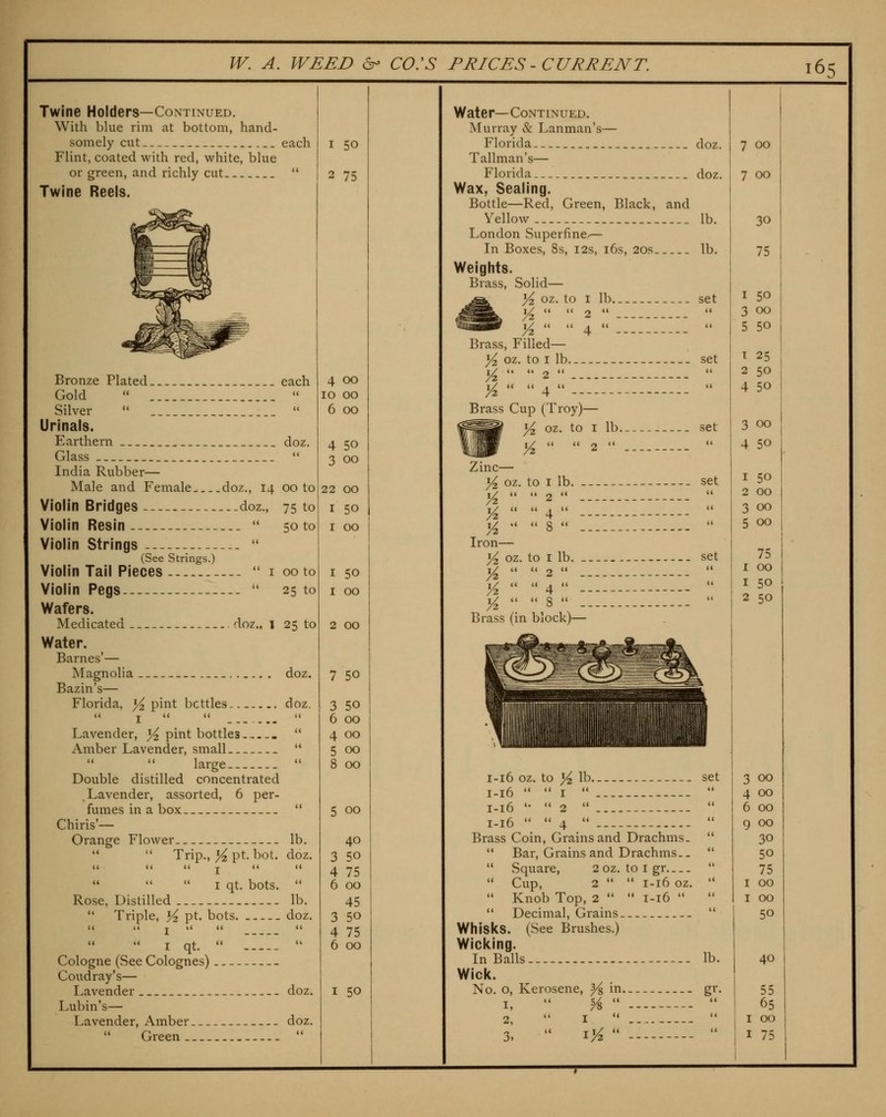 Twine Holders—Continued. With blue rim at bottom, hand- somely cut each Flint, coated with red, white, blue or green, and richly cut  Twine Reels. Bronze Plated each Gold   Silver   Urinals. Earthern _ _ doz. Glass  India Rubber— Male and Female doz,, 14 00 to Violin Bridges doz., 75 to Violin Resin  50 to Violin Strings  (See Strings.) Violin Tail Pieces  i 00 to Violin Pegs  25 to Wafers. Medicated doz., I 25 to Water. Barnes'— Magnolia doz. Bazin's— Florida, ^ pint bcttles. doz. Lavender, Jt^ pint bottles .  Amber Lavender, small  large  Double distilled concentrated Lavender, assorted, 6 per- fumes in a box  Chiris'— Orange Flower lb.   Trip., yz pt. bot. doz. I qt. bots.  Rose, Distilled lb.  Triple, 14, pt. bots doz. U it J U (I <( I qt.   Cologne (See Colognes) Coud ray's— Lavender doz. Lubin's— Lavender, Amber doz. Green.  1 50 2 75 4 00 10 00 6 00 4 50 3 00 22 00 I 50 I 00 I 50 I 00 2 00 7 50 50 00 00 00 8 00 5 00 40 50 75 00 45 50 75 00 I 50 Water—Continued. Murray & Lanman's— Florida._ doz. Tallman's— Florida _ doz. Wax, Sealing. Bottle—Red, Green, Black, and Yellow lb. London Superfine-— In Boxes, 8s, I2s, i6s, 20s lb. Weights. Brass, Solid— ^ oz. to I lb. set 1/2 ■ 2   ^  4   Brass, Filled— ^ oz. to I lb. - set K  2   72 4 — Brass Cup (Troy)— y^ oz. to I lb set i^  2   Zinc— }4. oz. to I lb. -_ - - set % '' 2 •' -  /z 4 - i^  8   Iron— ^ oz. to I lb - set i^  2  - -  i^  4   ^  8  - -  Brass (in block)— 7 00 7 00 30 75 I 50 3 00 5 50 T 25 2 50 4 50 1-16 oz. to ^ lb set 1-16   I  -  1-16 '•  2 '•  1-16   4  -  Brass Coin, Grains and Drachms.   Bar, Grains and Drachms..   Square, 2oz. toigr   Cup, 2   1-16 oz.   Knob Top, 2   1-16    Decimal, Grains  Whisks. (See Brushes.) Wicking. In Balls --- lb. Wick. No. o, Kerosene, >^ in gr. 1,  % '• •' 2,  I   3.  lyi  3 00 4 50 1 50 2 00 3 00 5 00 75 I 00 1 50 2 50 3 00 4 00 6 00 9 00 30 50 75 I 00 I 00 50 40 55 65 00 75