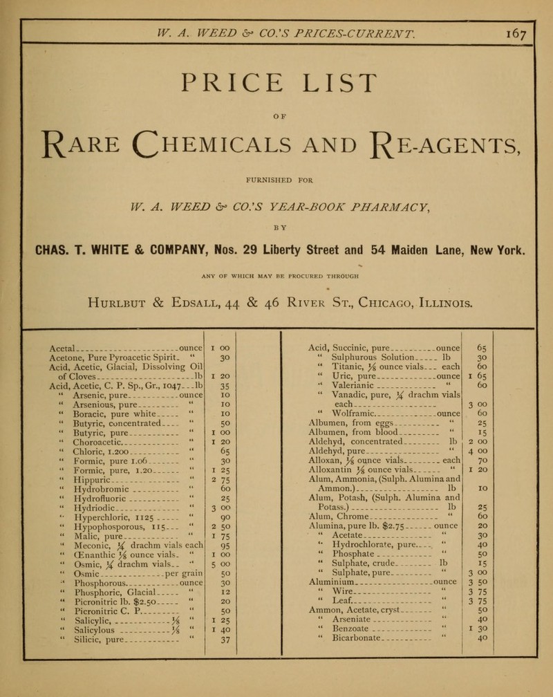 PRICE LIST OF Rare Chemicals and Re-agents, FURNISHED FOR W. A. WEED &> CO:S YEAR-BOOK PHARMACY, BY CHAS. T. WHITE & COMPANY, Nos. 29 Liberty Street and 54 Maiden Lane, New York. ANY OF WHICH MAY BE PROCURED THROUGH HURLBUT & EdSALL, 44 & 46 RiVER St., ChICAGO, ILLINOIS. Acetal ounce Acetone, Pure Pyroacetic Spirit.  Acid, Acetic, Glacial, Dissolving Oil of Cloves lb Acid, Acetic, C. P. Sp., Gr., 1047.. Jb  Arsenic, pure ounce  Arsenious, pure   Boracic, pure white   Butyric, concentrated   Butyric, pure  '* Choroacetic   Chloric, 1.200   Formic, pure 1.06   Formic, pure, 1.20   Hippuric   Hydrobromic  •' Hydrofluoric   Hydriodic  '■ Hyperchloric, 1125   Hypophosporous, 115—   Malic, pure   Meconic, ^ drachm vials each  Qinanthic )/% ounce vials.   Osmic, ^ drachm vials..   Osmic per grain •* Phosphorous ounce  Phosphoric, Glacial   Picronitric lb. $2.50   Picronitric C. P   Salicylic, y%   Salicylous /^   Silicic, pure  I 00 30 I 20 35 10 10 10 50 I 00 I 20 65 30 I 25 2 75 60 25 3 00 90 2 50 I 75 95 I 00 5 00 50 30 12 20 50 I 25 I 40 37 Acid, Succinic, pure ounce  Sulphurous Solution lb  Titanic, ^ ounce vials each  Uric, pure ounce •' Valerianic  ** Vanadic, pure, ^ drachm vials each  Wolframic ounce Albumen, from eggs  Albumen, from blood '* Aldehyd, concentrated lb Aldehyd, pure  Alloxan, y% ounce vials each Alloxantin ^ ounce vials  Alum, Ammonia, (Sulph. Alumina and Ammon.) lb Alum, Potash, (Sulph. Alumina and Potass.) lb Alum, Chrome  Alumina, pure lb. $2.75 ounce  Acetate  '* Hydrochlorate, pure .   Phosphate   Sulphate, crude lb  Sulphate, pure  Aluminium ounce  Wire   Leaf.  Ammon, Acetate, cryst   Arseniate  *' Benzoate   Bicarbonate  65 30 60 I 65 60 3 GO 60 25 15 2 GO 4 GO 70 I 20 10 25 60 20 30 40 50 15 3 00 3 50 3 75 3 75 50 40 I 30 40