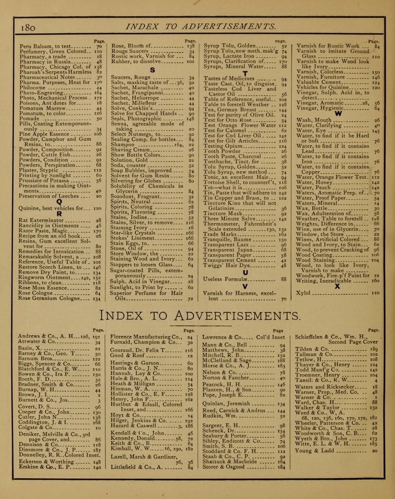 i8o INDEX TO ADVERTISEMENTS. Page Peru Balsam, to test 70 Perfumery, Green Colored., no Pharmacy, a trade 18 Pharmacy in Russia 48 Pharmacy, Chicago Col. of 138 Pharoah's Serpents Harmless 82 Pharmaceutical Notes 30 Pharma. Purposes, Heat for 170 Philocome A^ Photo-Engraving 164 Photo, Mechanical Process . 172 Poisons, Ant'dotes for 18 Pomatum Marrow 44 Pomatum, to color 126 Pomade 50 Pills, Coating Extemporane- ously 34 Pine Apple Essence 106 Powder, Camphor and Gum Resins, to 86 Powder, Composition 92 Powder, Cuttle Fish 26 Powders, Condition 92 Powders, Perspiration 68 Plaster, Styptic 112 Printing by Sunlight 60 Prussiate of Potassa 56 Precautions in making Oint- ments 40 Preservation of Leeches 20 Q Quinine, best vehicles for 120 R Rat Exterminator 28 Rancidity in Ointments 46 Razor Paste, Magic 170 Recipe from an old book 26 Resins, Gum excellent Sol- vent for 80 Remedies for Intoxication .. 88 Remarakable Solvent, a 108 Reference, Useful Table of. 102 Restore Scorch Linen, to ... 146 Remove Dry Paint, to 134 Ringworm Ointment 142, 152 Ribbons, to clean 118 Rose Moss Essence 82 Rose Cologne 64 Rose Geranium Cologne 134 Page. Rose, Bloom of 138 Rouge Saucers . 34 Rustic work. Varnish for ... 84 Rubber, to dissolve 102 s Saucers, Rouge 34 Salts, masking taste of 36, 92 Sachet, Marachale 40 Sachet, Frangipanni 40 Sachet, Heliotrope 44 Sachet, Millefleur 44 Salve, Conklin's 94 Salve for Chapped Hands .. 90 Seals, Photographic 148 Senna, agreeable mode of taking 20 Select Nutmegs, to 92 Sealing Comp. for bottles... 84 Shampoo 164, 22 Shaving Cream 26 Show Bottle Colors 90 Solution, Gold 22 Soda, counter 52 Soap Bubbles, improved 74 Solvent for Gum Resin 80 Silvering for Globes 80 Solubility of Chemicals in Glycerin 84 Sozodont, Fragrant 32 Spirits, Neutral 62 Spirits, Coloring 78 Spirits, Flavoring 78 Stains, Iodine 52 Stains, Silver, to remove ii6 Staining Ivory 16 Star-like Crystals 166 Stokes' Liniment 166 Stain Eggs, to 66 Stone, Oil of 94 Store Window, the 22 Staining Wood and Ivory... 62 Stoppers to loosen Glass 64 Sugar-coated Pills, extem- poraneously 24 Sulph. Acid in Vinegar 28 Sunlight, to Print by 60 Superior Perfume for Hair Oils 72 page. Syrup Tolu, Golden 52 Syrup Tolu,new meth.mak'g 74 Syrup, Lactate Iron 94 Syrups, Clarification of 170 Syrups, Mineral Water 88 .T Tastes of Medicines .. 94 Taste Cast. Oil, to disguise. 94 Tasteless Cod Liver and Castor Oil 56 Table of Reference, useful.. 102 Table to foretell Weather .. 128 Tea, German Breast 144 Test for purity of Olive Oil. 24 Test for Otto Rose 54 Test Orange Flower Water 112 Test for Calomel 62 Test for Cod Liver Oil 142 Test for Gilt Articles 116 Testing Opium 124 J'ooth Powder 26 Tooth Paste, Charcoal 26 Toothache, Tinct. for 38 Tolu Syrup, Golden 52 Tolu Syrup, new method 74 Tonic, an excellent Hair 94 Tortoise Shell, to counterf't, 118 Tot—what it is 106 Tin, Paste that will adhere to 142 Tin Copper and Brass, to .. 122 Tincture Kino that will not Gelatinize 36 Tincture Musk 92 Three Minute Salve 142 Thermometer, Fahrenheit's Scale extended 130, 132 Trade Marks. 162 Tranquille, Baume 150 Transparent Lacs .. 96 Transparent Japan 68 Transparent Paper 58 Transparent Cement 42 Twiggs' Hair Dye 48 u Useless Formulae 88 V Varnish for Harness, excel- lent 70 Page. Varnish for Rustic Work ... 84 Varnish to imitate Ground Glass no Varnish to make Wood look like Ivory Varnish, Colorless 150 Varnish, Furniture 146 Valuable Cement 124 Vehicles for Quinine 120 Vinegar, Sulph. Acid in, to detect Vinegar, Aromatic 28, 56 Vinegar, Hygienic 64 w Wash, Mouth 26 Water, Clarifying 40 Water, Eye 145 Water, to find if it be Hard or Soft 76 Water, to find if it contains Lead 76 Water, to find if it contains Iron 76 Water, to find if it contains Copper 76 Water, Orange Flower Test. 112 Water, Honey 142 Water, Peach 142 Waters, Aromatic Prep. of.. 70 Water, Proof Paper 54 Waters, Mineral 14 Wax, Bottle 30 Wax. Adulteration of. 56 Weather, Table to foretell .. 1^:8 Weights, Difference in 66 Wine, use of in Glycerin 70 Window, the Store 22 Wines, Artificial Colored 86 Wood and Ivory, to Stain 62 Wood, to prevent Cracking of 96 Wood Coating 106 Wood Staining 104 Wood, to look like Ivory, Varnish to make Woodwork, Fire-p'f Paint for 12 Writing, Ineradicable 160 X Xylol no Index to Advertisements, Page. Andrews & Co., A. H...126, 191 Attwater & Co 34 Bazin, X 22 Barney & Co., Geo. T 50 Barnum Bros 122 Biggs, Spencer & Co 66 Blatchford & Co., E. W no Bowen & Co., Ira P 150 Booth, F. D 32 Bradner, Smith & Co 26 Burnap, W. H 44 Brown, J. 1 2 Burnett & Co., Jos 3 Covert, D, S 96 Cooper & Co., John 130 Cutler, John N 138 Coddington, J. & 1 168 Colgate & Co 10 Deniker, Melville & Co., 3rd page Cover, and 86 Dennison & Co.. 118 Dinsmore & Co., J. P 187 Donnelley, R. R..Colored Inset. Eckerson & Worthing 148 Erskine & Co., E. P. 140 Page. Florence Manufacturing Co., 24 Furnald, Champion & Co... 30 Gouraud, Dr. Felix T 116 Good & Roof 12 Hastings & Garson 60 Harris & Co., J. N 80 Hannah, Lay & Co 100 Hale& Bro., A. L 114 Heath & Milligan 54 Hinman, W. A . 70 Hollister & Co., E. F 128 Henry, John F 162 Hurlbut & Edsall, Colored Inset,and 166 Hoyt & Co 14 Hilger, Jenkins & Co 192 Hazard & Caswell 3, 186 Kendall & Co., John 46 Kennedy, Donald 58, 72 Keith & Co., B 64 Kimball, W. W 16, 190, 182 Lazell, Marsh & Gardiner, Littlefield &. Co., A 84 Page Lawrence & Co..... Col'd Inset Mann & Co., Bell 94 Matthews, John 38 Mitchell, R. B 152 McClelland & Sage 188 Morse & Co., A.J 183 Nelson & Co 78 Norton & Fancher 40 Peacock, H. H 146 Planten, H., & Son 90 Pope, Joseph E 82 Quinlan, Jeremiah 134 Reed, Carnick & Andrus 144 Rudkin, Wm 52 Sargent, E. H 98 Schenck, Dr 154 Seabury & Porter 56 Sibley, Endicott & Co 74 Smith, S. B 106 Stoddard & Co. F. H 112 Staab & Co., C. P. 92 Shattuck & Macbride 164 Storer & Osgood 1... 184 Page. Schieflfelen & Co., Wm. H., Second Page Cover Tilden & Co 189 Tallman & Co 102 Tetlow, H J08 Thayer & Co., Henry ...... 124 Todd Manfg Co 142 Troemner, Henry 104 Tansil; &Co., R. W 4 Waters and Rickseckcr 18 Warner, Prop., Med. Co. .. 48 Warner & Co. . i Ward,Chas. H... 88 Walker & Taylor 132 Weed & Co.. W, A. 68, 120, 136, 160, 170, 172, 181 Wheeler, Patterson & Co. .. 42 White & Co., Chas. T 28 Woodworth & Son, C. B 62 Wyeth & Bro., John 173 Witte, E. L. & W. H 185 Young & Ladd 20