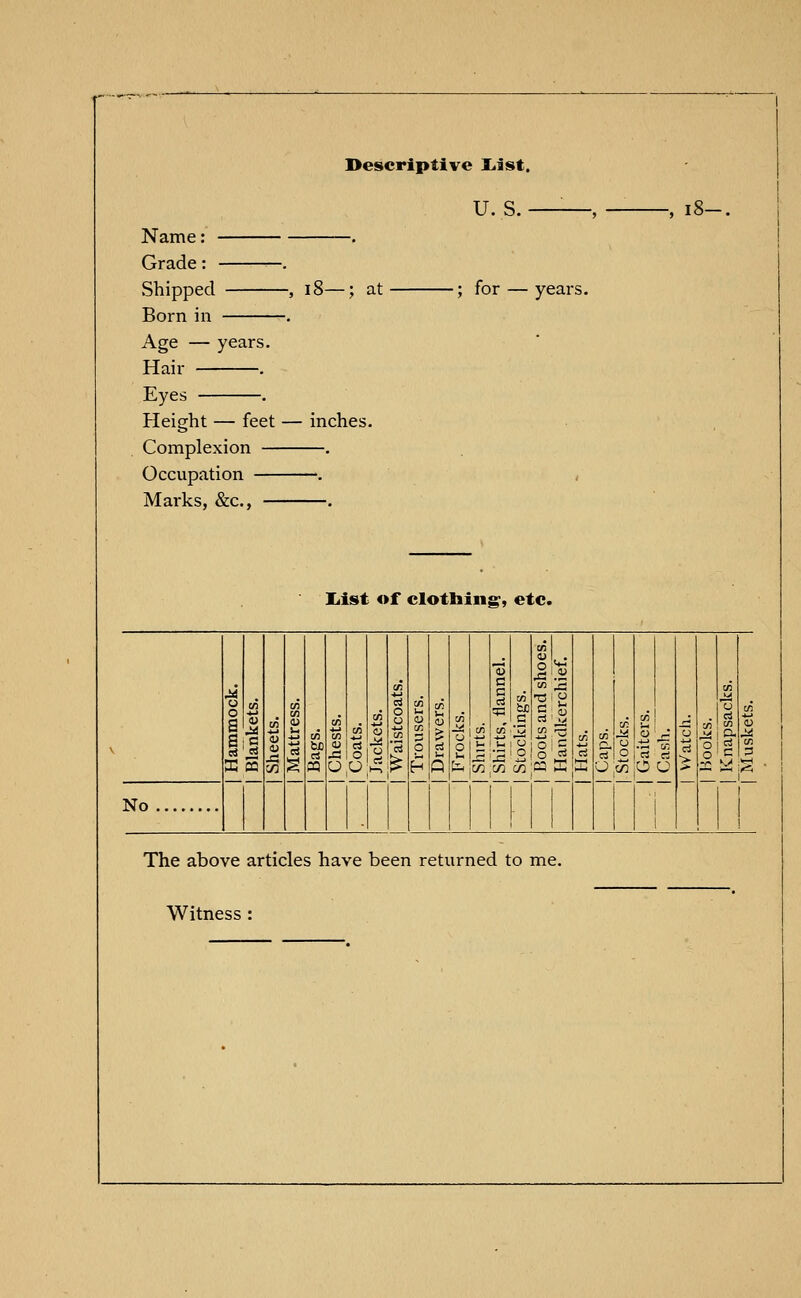 U. S. - -, 18-. at Name: Grade: -. Shipped , 1 Born in . Age — years. Hair . Eyes . Height — feet — inches. Complexion . Occupation . Marks, &c, . for — years. Iiist of clothing, etc. No 12 S i c o| 2 HP torn en 73 o;«;o u =3 ME The above articles have been returned to me. Witness :