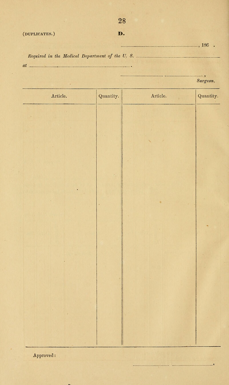 (duplicates.) I>. Required in the Medical Department of the U. S. at _ —.. Article. Quantity. Article. ., 186 . Surgeon. Quantity. Approved: