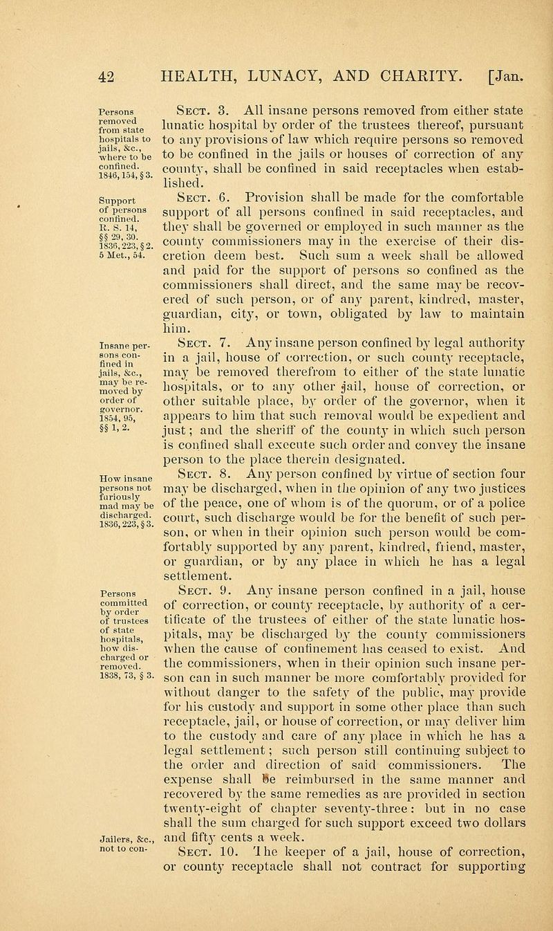 Persons removed from state hospitals to jails, &c, where to be confined. 1846,154,§ 3. Support of persons confined. R. S. 14, §§ 29, 30. 1836,223, §2. 5 Met., 54. Insane per- sons con- fined in jails, &c, may be re- moved by order of governor. 1854, 95, §§ 1, 2. How insane persons not furiously mad may be discharged. 1836,223,§ 3. Persons committed by order of trustees of state hospitals, how dis- charged or removed. 1838, 73, § 3. Jailers, &c, not to con- Sect. 3. All insane persons removed from either state lunatic hospital by order of the trustees thereof, pursuant to any provisions of law which require persons so removed to be confined in the jails or houses of correction of any county, shall be confined in said receptacles when estab- lished. Sect. 6. Provision shall be made for the comfortable support of all persons confined in said receptacles, and they shall be governed or employed in such manner as the county commissioners may in the exercise of their dis- cretion deem best. Such sum a week shall be allowed and paid for the support of persons so confined as the commissioners shall direct, and the same may be recov- ered of such person, or of any parent, kindred, master, guardian, city, or town, obligated by law to maintain him. Sect. 7. Airy insane person confined by legal authority in a jail, house of correction, or such county receptacle, may be removed therefrom to either of the state lunatic hospitals, or to airy other jail, house of correction, or other suitable place, by order of the governor, when it appears to him that such removal would be expedient and just; and the sheriff of the count}' in which such person is confined shall execute such order and convey the insane person to the place therein designated. Sect. 8. Any person confined by virtue of section four may be discharged, when in the opinion of any two justices of the peace, one of whom is of the quorum, or of a police court, such discharge would be for the benefit of such per- son, or when in their opinion such person would be com- fortably supported by any parent, kindred, friend, master, or guardian, or by any place in which he has a legal settlement. Sect. 9. Any insane person confined in a jail, house of correction, or county receptacle, by authority of a cer- tificate of the trustees of either of the state lunatic hos- pitals, may be discharged by the county commissioners when the cause of confinement has ceased to exist. And the commissioners, when in their opinion such insane per- son can in such manner be more comfortably provided for without danger to the safety of the public, may provide for his custody and support in some other place than such receptacle, jail, or house of correction, or may deliver him to the custody and care of any place in which he has a legal settlement; such person still continuing subject to the order and direction of said commissioners. The expense shall Be reimbursed in the same manner and recovered by the same remedies as are provided in section twenty-eight of chapter seventy-three: but in no case shall the sum charged for such support exceed two dollars and fifty cents a week. Sect. 10. Ihe keeper of a jail, house of correction, or county receptacle shall not contract for supporting