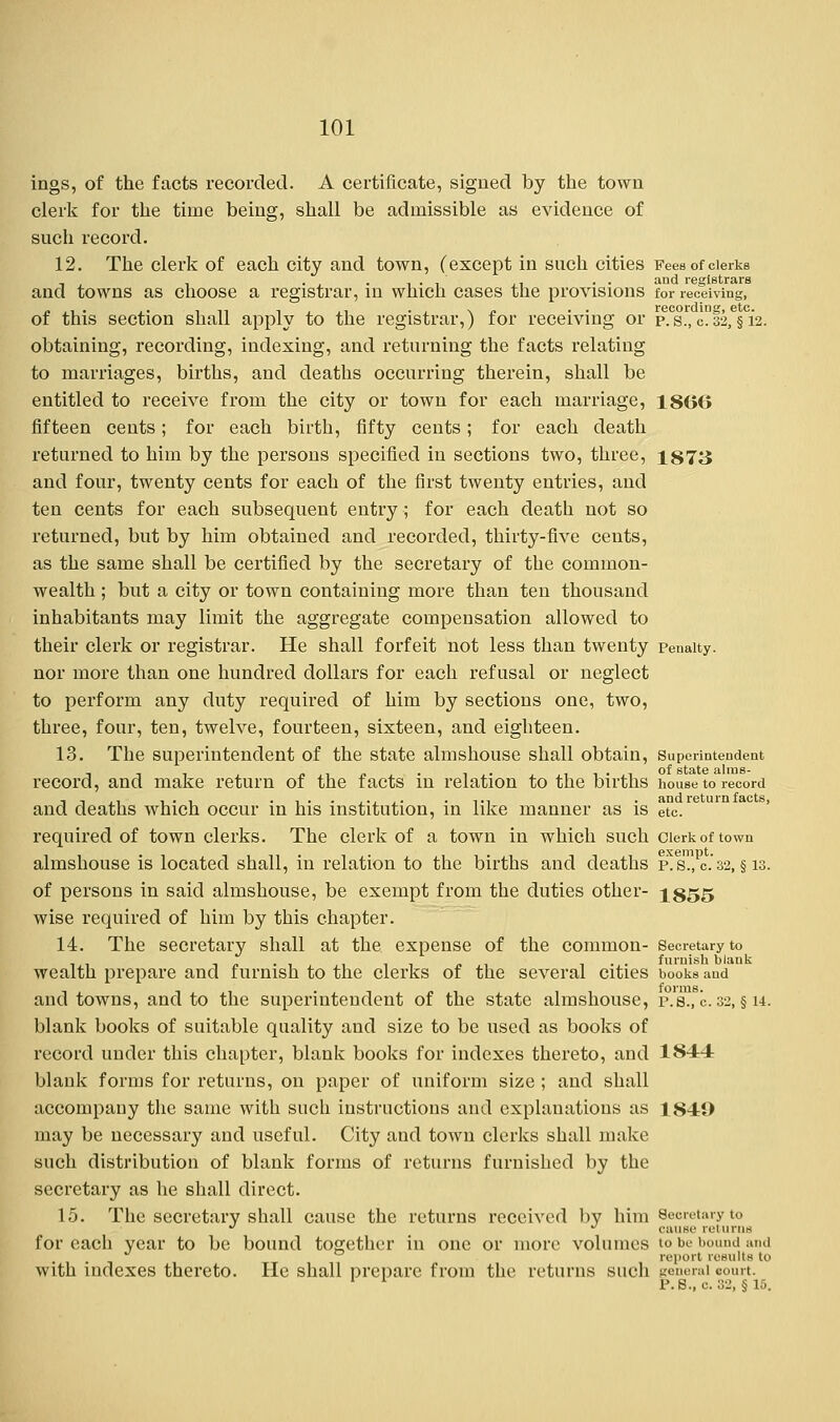 ings, of the facts recorded. A certificate, signed by the town clerk for the time being, shall be admissible as evidence of such record. 12. The clerk of each city and town, (except in such cities Fees of clerks , . , •■•!•! ,, . . and registrars and towns as choose a registrar, in which cases the provisions for receiving, of this section shall apply to the registrar,) for receiving or p. s., c. 32, § 12. obtaining, recording, indexing, and returning the facts relating to marriages, births, and deaths occurring therein, shall be entitled to receive from the city or town for each marriage, 1866 fifteen cents; for each birth, fifty cents; for each death returned to him by the persons specified in sections two, three, 1873 and four, twenty cents for each of the first twenty entries, and ten cents for each subsequent entry; for each death not so returned, but by him obtained and recorded, thirty-five cents, as the same shall be certified by the secretary of the common- wealth ; but a city or town containing more than ten thousand inhabitants may limit the aggregate compensation allowed to their clerk or registrar. He shall forfeit not less than twenty Penalty. nor more than one hundred dollars for each refusal or neglect to perform any duty required of him by sections one, two, three, four, ten, twelve, fourteen, sixteen, and eighteen. 13. The superintendent of the state almshouse shall obtain, Superintendent record, and make return of the facts in relation to the births house to record , , ., , . , .......... ,.n . and return facts, and deaths which occur in his institution, in like manner as is etc. required of town clerks. The clerk of a town in which such cierkof town almshouse is located shall, in relation to the births and deaths p'.s., c'32, § 13. of persons in said almshouse, be exempt from the duties other- 1855 wise required of him by this chapter. 14. The secretary shall at the expense of the common- Secretary to ,».-. iii ni i.. furnish blank wealth prepare and furnish to the clerks of the several cities books and and towns, and to the superintendent of the state almshouse, p.s., c. 32, §14. blank books of suitable quality and size to be used as books of record under this chapter, blank books for indexes thereto, and 1814 blank forms for returns, on paper of uniform size ; and shall accompany the same with such instructions and explanations as 1840 may be necessary and useful. City and town clerks shall make such distribution of blank forms of returns furnished by the secretary as he shall direct. 15. The secretary shall cause the returns received by him Secretary to ^ ^ cause returns for each year to be bound together in one or more volumes to be bound ami report results to with indexes thereto. He shall prepare from the returns such general court. 1 l P.S., c. 32, §15.