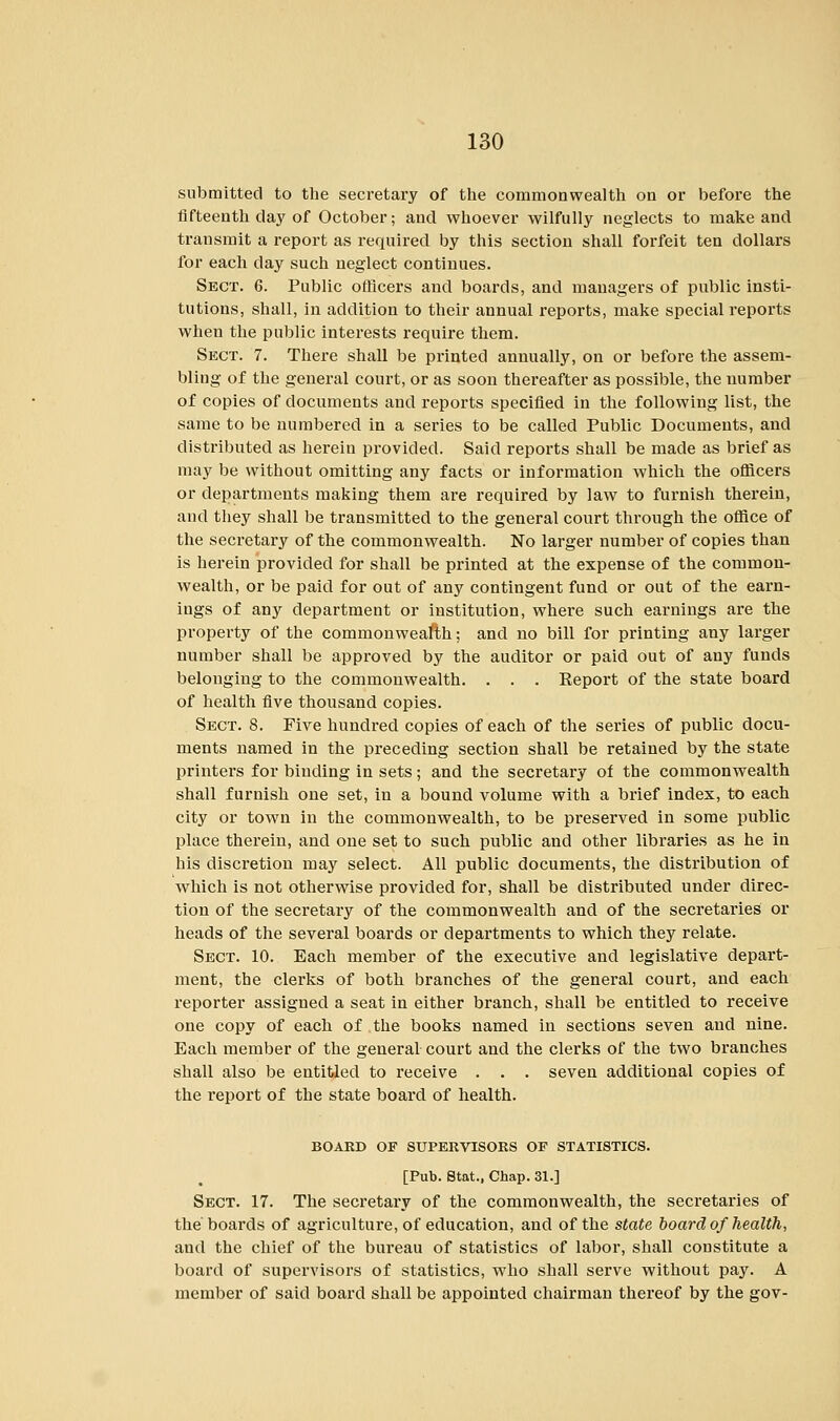 submitted to the secretary of the commonwealth on or before the fifteenth day of October; and whoever wilfully neglects to make and transmit a report as required by this section shall forfeit ten dollars for each day such neglect continues. Sect. 6. Public officers and boards, and managers of public insti- tutions, shall, in addition to their annual reports, make special reports when the public interests require them. Sect. 7. There shall be printed annually, on or before the assem- bling of the general court, or as soon thereafter as possible, the number of copies of documents and reports specified in the following list, the same to be numbered in a series to be called Public Documents, and distributed as herein provided. Said reports shall be made as brief as may be without omitting any facts or information which the officers or departments making them are required by law to furnish therein, and they shall be transmitted to the general court through the office of the secretary of the commonwealth. No larger number of copies than is herein provided for shall be printed at the expense of the common- wealth, or be paid for out of any contingent fund or out of the earn- ings of any department or institution, where such earnings are the property of the commonwealth; and no bill for printing any larger number shall be approved by the auditor or paid out of any funds belonging to the commonwealth. . . . Report of the state board of health five thousand copies. Sect. 8. Five hundred copies of each of the series of public docu- ments named in the preceding section shall be retained by the state printers for binding in sets ; and the secretary of the commonwealth shall furnish one set, in a bound volume with a brief index, to each city or town in the commonwealth, to be preserved in some public place therein, and one set to such public and other libraries as he in his discretion may select. All public documents, the distribution of which is not otherwise provided for, shall be distributed under direc- tion of the secretary of the commonwealth and of the secretaries or heads of the several boards or departments to which they relate. Sect. 10. Each member of the executive and legislative depart- ment, the clerks of both branches of the general court, and each reporter assigned a seat in either branch, shall be entitled to receive one copy of each of the books named in sections seven and nine. Each member of the general court and the clerks of the two branches shall also be entitled to receive . . . seven additional copies of the report of the state board of health. BOARD OF SUPERVISORS OF STATISTICS. [Pub. Stat., Chap. 31.] Sect. 17. The secretary of the commonwealth, the secretaries of the boards of agriculture, of education, and of the state board of health, and the chief of the bureau of statistics of labor, shall constitute a board of supervisors of statistics, who shall serve without pay. A member of said board shall be appointed chairman thereof by the gov-
