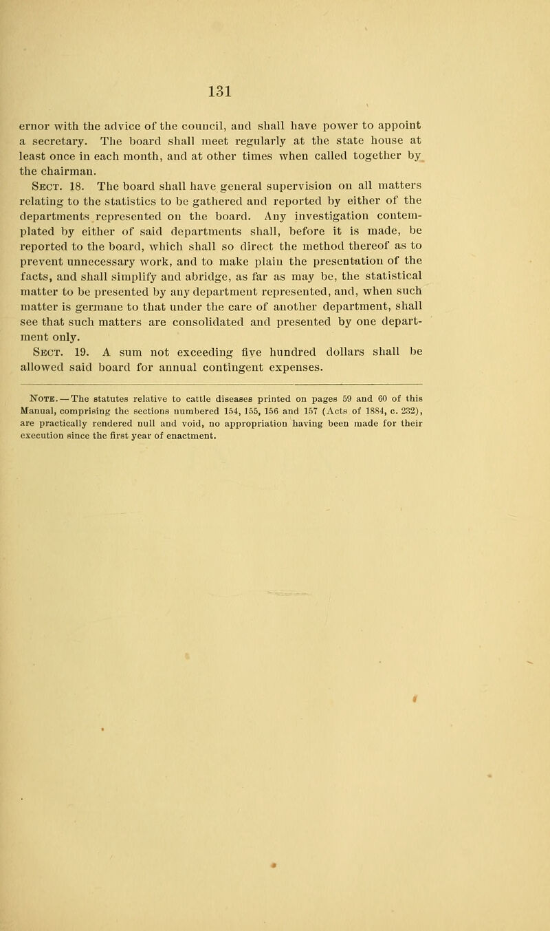 ernor with the advice of the council, and shall have power to appoint a secretary. The board shall meet regularly at the state house at least once in each month, and at other times when called together by the chairman. Sect. 18. The board shall have general supervision on all matters relating to the statistics to be gathered and reported by either of the departments represented on the board. Any investigation contem- plated by either of said departments shall, before it is made, be reported to the board, which shall so direct the method thereof as to prevent unnecessary work, and to make plaiu the presentation of the facts, and shall simplify and abridge, as far as may be, the statistical matter to be presented by any department represented, and, when such matter is germane to that under the care of another department, shall see that such matters are consolidated and presented by one depart- ment only. Sect. 19. A sum not exceeding five hundred dollars shall be allowed said board for annual contingent expenses. Note. — The statutes relative to cattle diseases printed on pageB 59 and 60 of this Manual, comprising the sections numbered 154, 155, 156 and 157 (Acts of 1884, c. 232), are practically rendered null and void, no appropriation having been made for their execution since the first year of enactment.