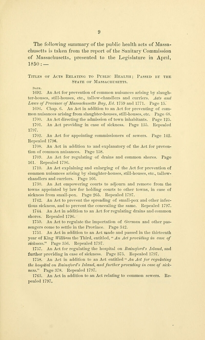 The following summary of the public health acts of Massa- chusetts is taken from the report of the Sanitary Commission of Massachusetts, presented to the Legislature in April, 1850: — Titles of Acts Relating to Public Health ; Passed by the State of Massachusetts. Date. 1692. An Act for prevention of common nuisances arising by slaugh- ter-houses, still-houses, etc., tallow-chandlers and curriers. Acts and Laws of Province of Massachusetts Bay, Ed. 1759 and 1771. Page 15.' 1696. Chap. 6. An Act in addition to an Act for jn-eventing of com- mon nuisances arising from slaughter-houses, still-houses, etc. Page 68. 1700. An Act directing the admission of town inhabitants. Page 125. 1701. An Act providing in case of sickness. Page 135. Repealed 1797. 1702. An Act for appointing commissioners of sewers. Page 142. Repealed 1796. 1708. An Act in addition to and explanatory of the Act for preven- tion of common nuisances. Page 158. 1709. An Act for regulating of drains and common shores. Page 161. Repealed 1796. 1710. An Act explaining and enlarging of the Act for prevention of common nuisances arising by slaughter-houses, still-houses, etc., tallow- chandlers and curriers. Page 166. 1730. An Act empowering courts to adjourn and remove from the towns appointed by law for holding courts to other towns, in case of sickness from small-pox. Page 265. Repealed 1797. 1742. An Act to prevent the spreading of small-pox and other infec- tious sickness, and to prevent the concealing the same. Repealed 1797. 1744. An Act in addition to an Act for regulating drains and common shores. Repealed 1796. 1750. An Act to regulate the importation of German and other pas- sengers come to settle in the Province. Page 342. 1751. An Act in addition to an Act naade and passed in the thirteenth year of King William the Third, entitled,  An Act providing in case of sickness. Page 356. Repealed 1797. 1757. An Act for regulating the hospital on Bainsfordls Island, and further providing in case of sickness. Page 375. Repealed 1797. 1758. An Act in addition to an Act entitled  An Act jor regulating the hospital on Bainsford's Island, and further providing in case of sick- ness. Page 378. Repealed 1797. 1763. An Act in addition to an Act relating to common sewers. Re- pealed 1797.