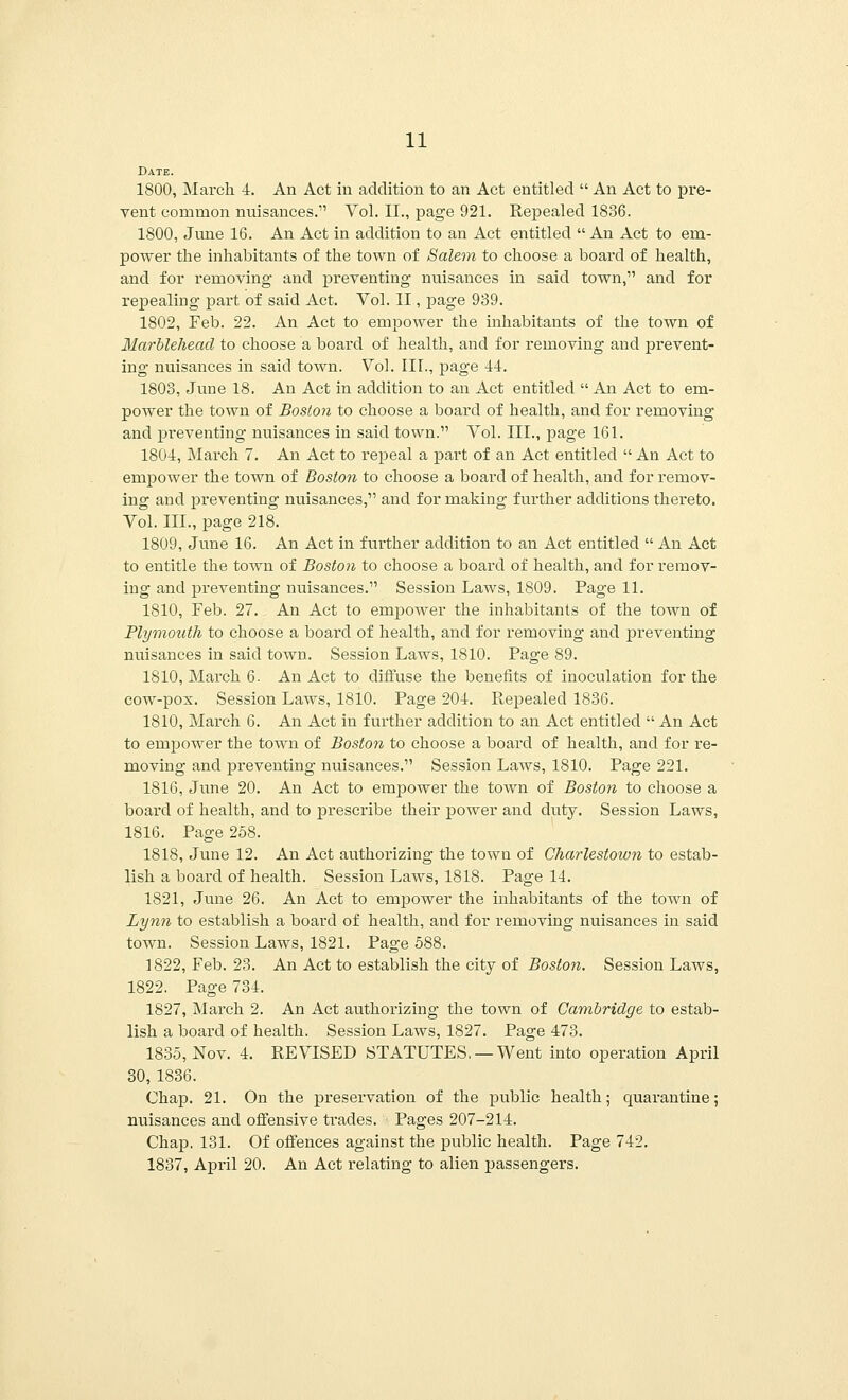 Date. 1800, March 4. An Act in addition to an Act entitled  An Act to pre- vent common nuisances. Vol. II., page 921. Repealed 1836. 1800, June 16. An Act in addition to an Act entitled  An Act to em- power the inhabitants of the town of Salem to choose a board of health, and for removing and preventing nuisances in said town, and for repealing part of said Act. Vol. II, page 939. 1802, Feb. 22. An Act to empower the inhabitants of the town of Marbleheacl to choose a board of health, and for removing and prevent- ing nuisances in said town. Vol. III., page 44. 1803, June 18. An Act in addition to an Act entitled  An Act to em- power the town of Boston to choose a board of health, and for removing and preventing nuisances in said town. Vol. III., page 161. 1804, March 7. An Act to repeal a part of an Act entitled  An Act to empower the town of Boston to choose a board of health, and for remov- ing and preventing nuisances, and for making further additions thereto. Vol. III., page 218. 1809, June 16. An Act in further addition to an Act entitled  An Act to entitle the town of Boston to choose a board of health, and for remov- ing and preventing nuisances. Session Laws, 1809. Page 11. 1810, Feb. 27. An Act to empower the inhabitants of the town of Plymouth to choose a board of health, and for removing and preventing nuisances in said town. Session Laws, 1810. Page 89. 1810, March 6. An Act to diffuse the benefits of inoculation for the cow-pox. Session Laws, 1810. Page 204. Repealed 1836. 1810, March 6. An Act in further addition to an Act entitled  An Act to empower the town of Boston to choose a board of health, and for re- moving and preventing nuisances. Session Laws, 1810. Page 221. 1816, June 20. An Act to empower the town of Boston to choose a board of health, and to prescribe their power and duty. Session Laws, 1816. Page 258. 1818, June 12. An Act authorizing the town of Charlestown to estab- lish a board of health. Session Laws, 1818. Page 14. 1821, June 26. An Act to empower the inhabitants of the town of Lynn to establish a board of health, and for removing nuisances in said town. Session Laws, 1821. Page 588. 1822, Feb. 23. An Act to establish the city of Boston. Session Laws, 1822. Page 734. 1827, March 2. An Act authorizing the town of Cambridge to estab- lish a board of health. Session Laws, 1827. Page 473. 1835, Nov. 4. REVISED STATUTES. —Went into operation April 30,1836. Chap. 21. On the preservation of the public health; quarantine; nuisances and offensive trades. Pages 207-214. Chap. 131. Of offences against the public health. Page 742. 1837, April 20. An Act relating to alien passengers.